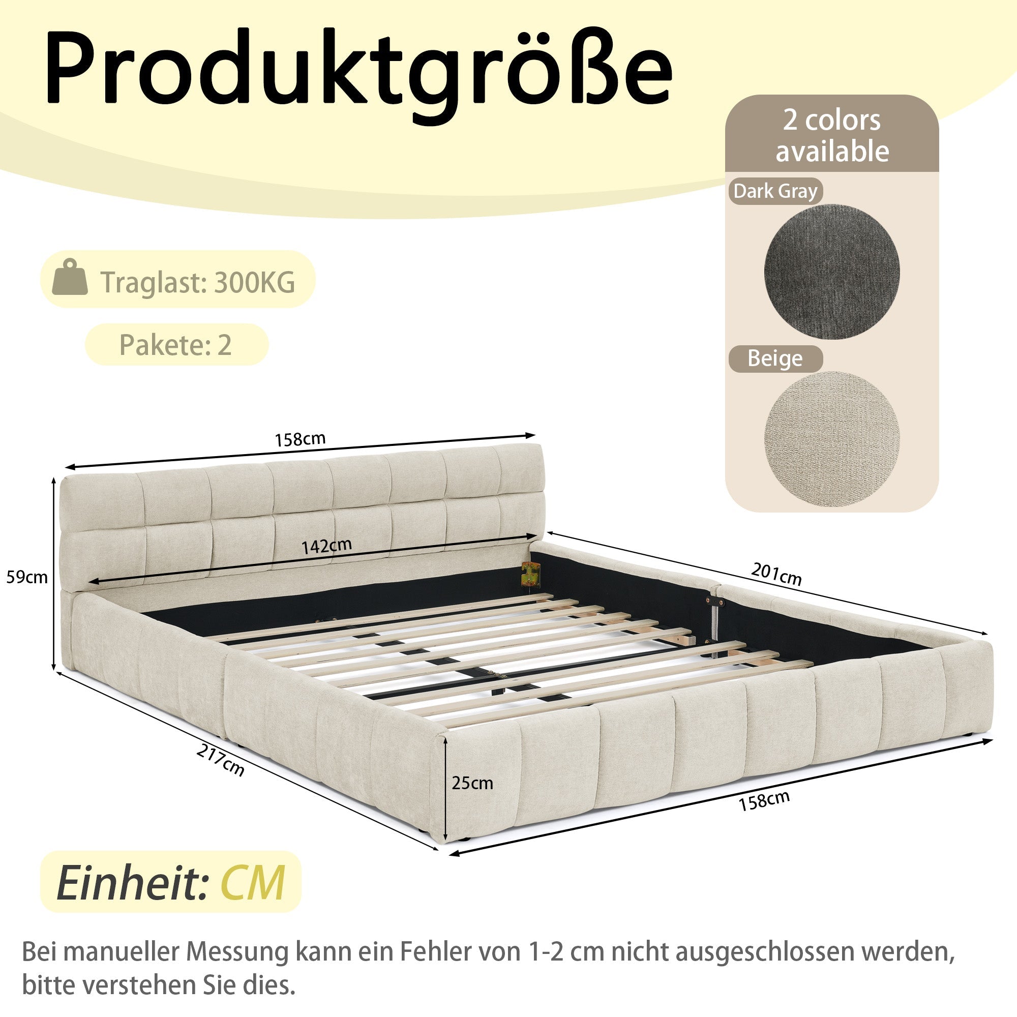 Double Bed 140x200cm, Chenille Cover Quilted Design Eucalyptus Wood Frame, Beige
