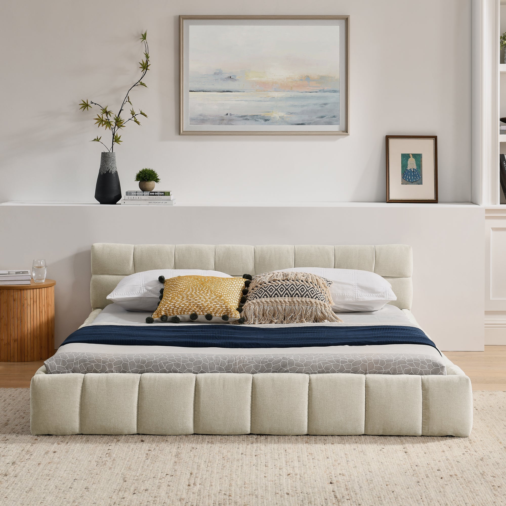 Double Bed 160x200cm, Chenille Quilted Eucalyptus Wood Frame, Beige