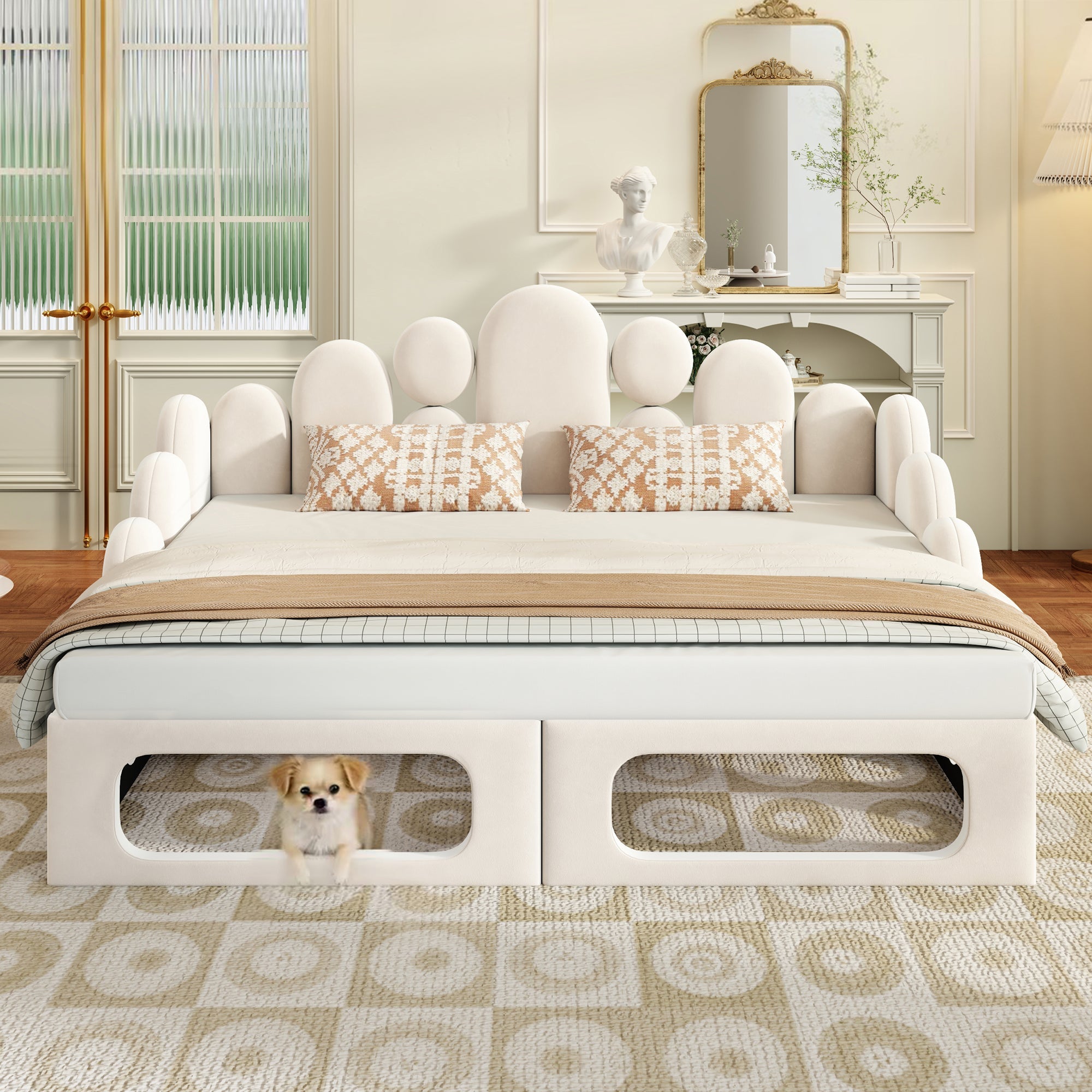 Upholstered Sofa Bed with Pet Bed, 2-in-1 Multifunctional, 180x200cm, Beige Velvet