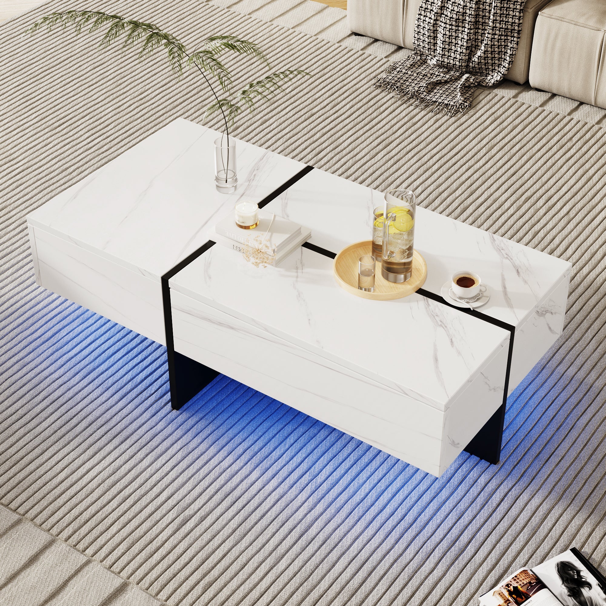 High-Gloss Coffee Table, LED Lighting and Drawers, White Marble-Effect
