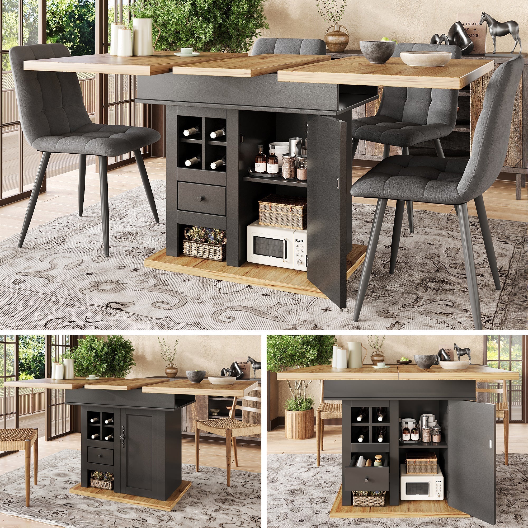 Telescopic Dining Table, Extendable 4-6 Person Space-Saving with Wine Rack, MDF/Metal