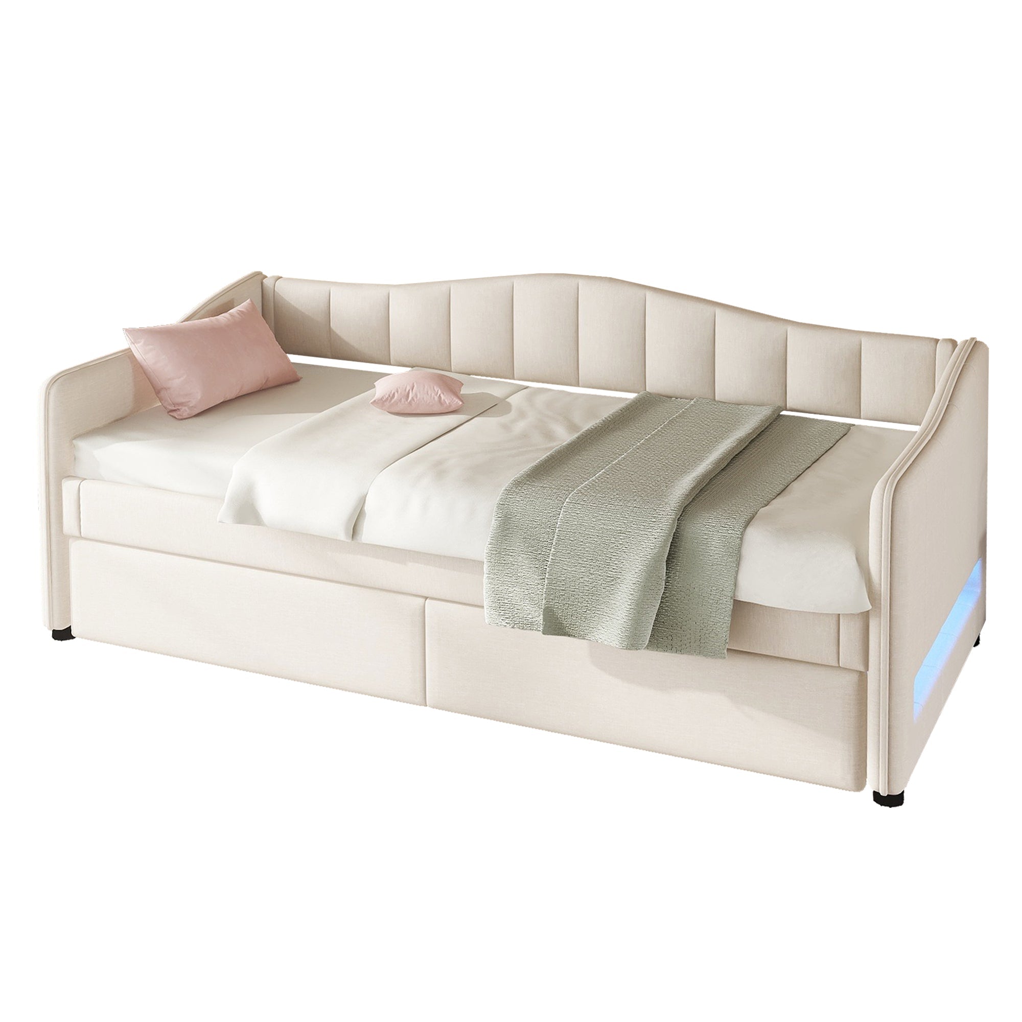 Daybed with Pull-Out Trundle Bed and LED Lighting, 90x200cm, Beige Linen