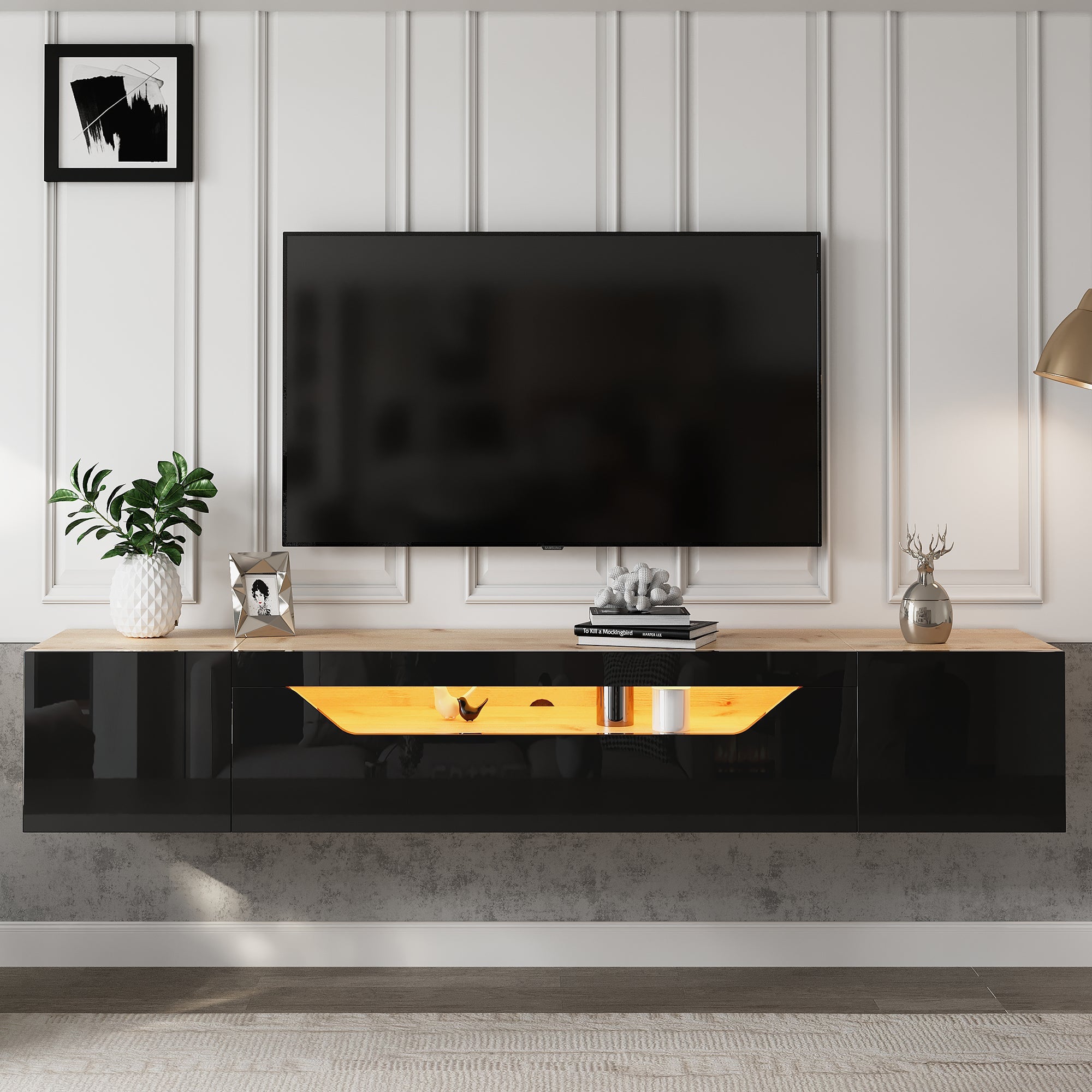 TV cabinet, 3 storage compartments, lowboard, floating wall board, LED light, wall-mountable, suitable for 75-inch TVs, black and wood color