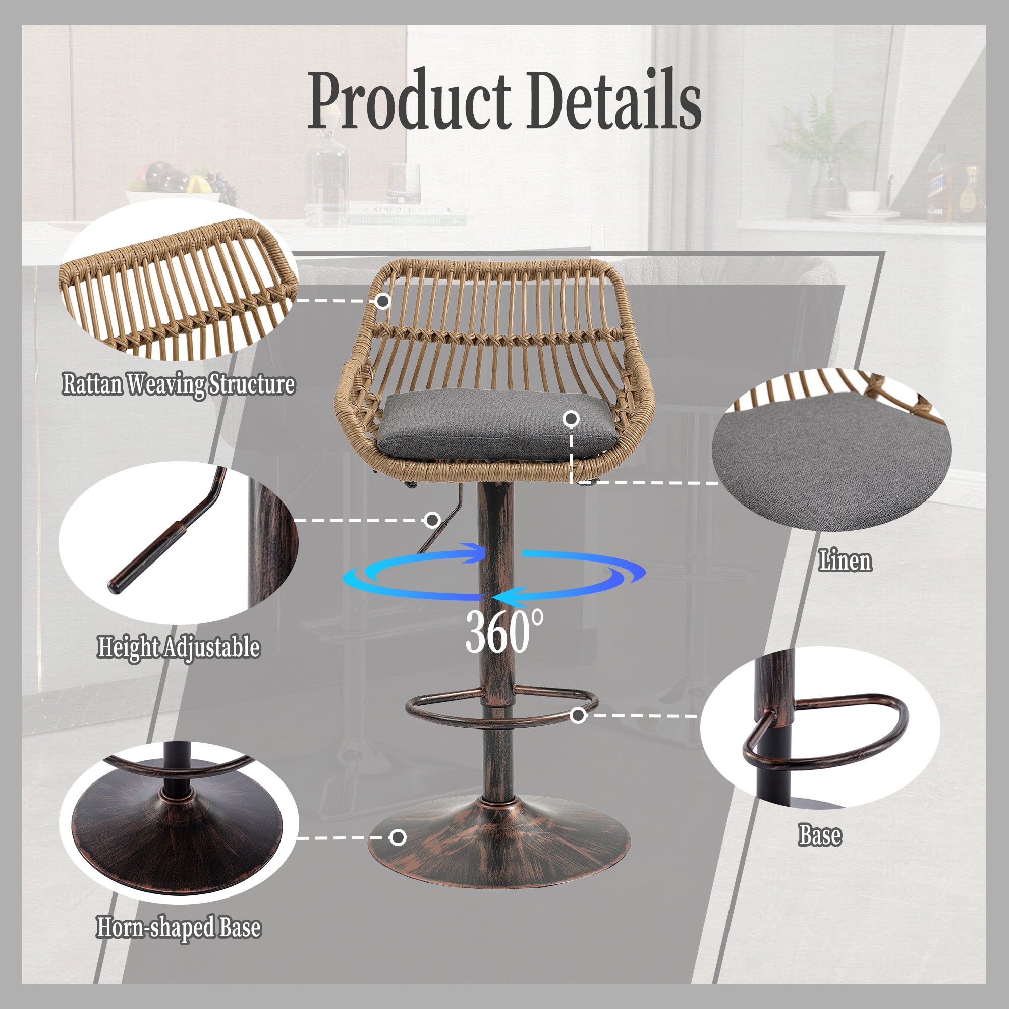 GOMYWAY 2 PCS Modern Swivel Bar Stools, Height Adjustable, Linen Gray