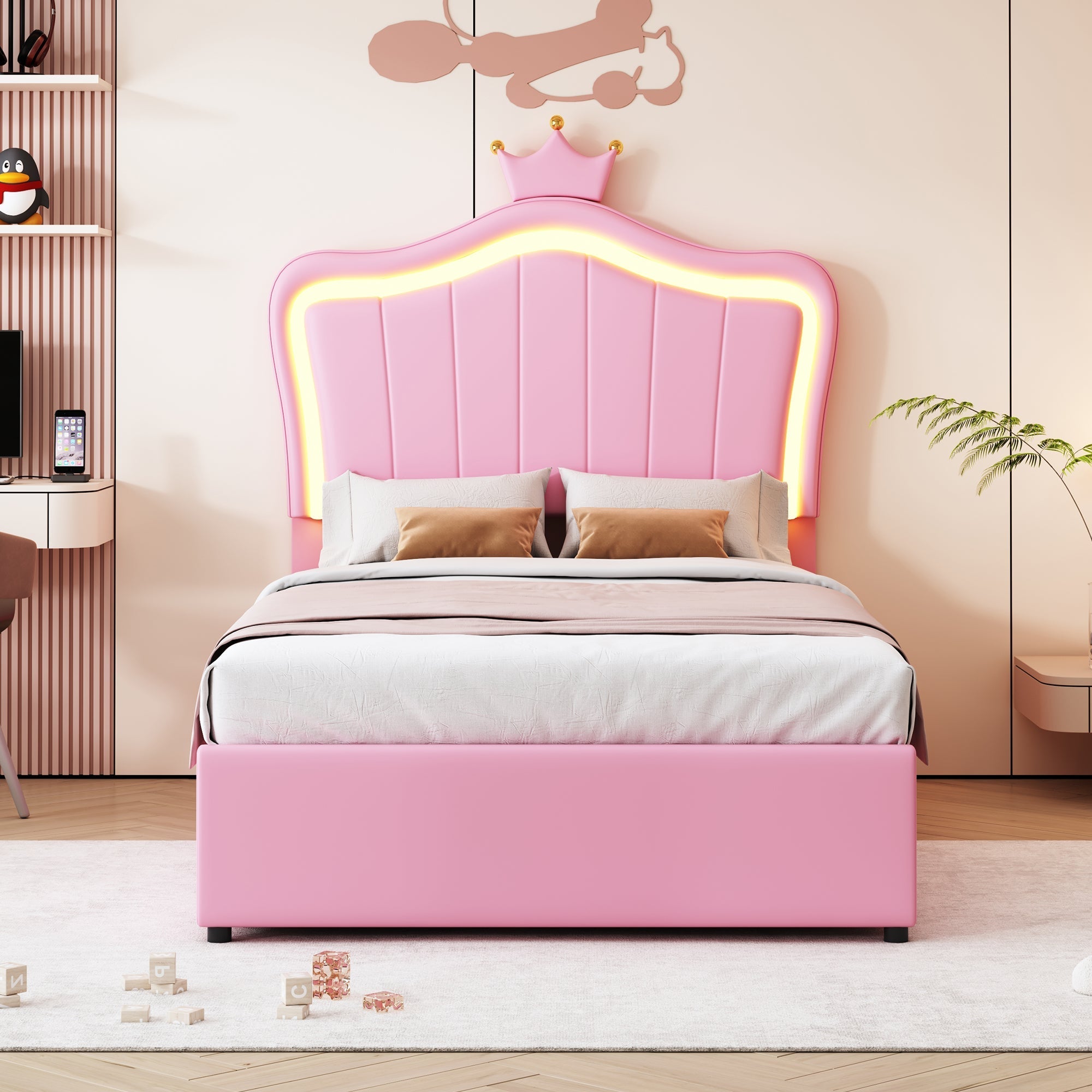 Children's Bed, Crown Design LED Hydraulic Storage, Faux Leather Pink