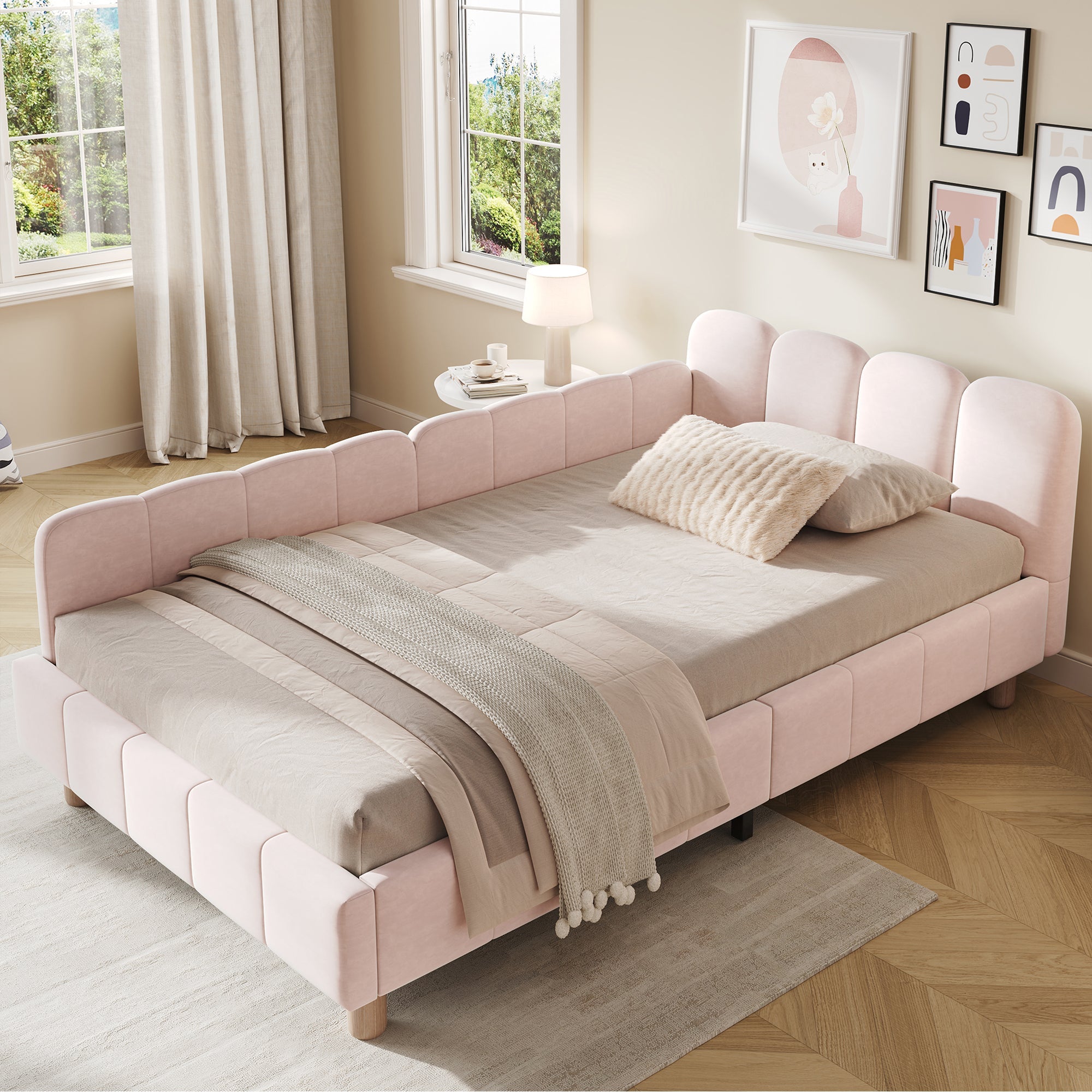 Upholstered Children's Single Bed with Headboard and Safety Rail, 90x200cm, Pink Velvet
