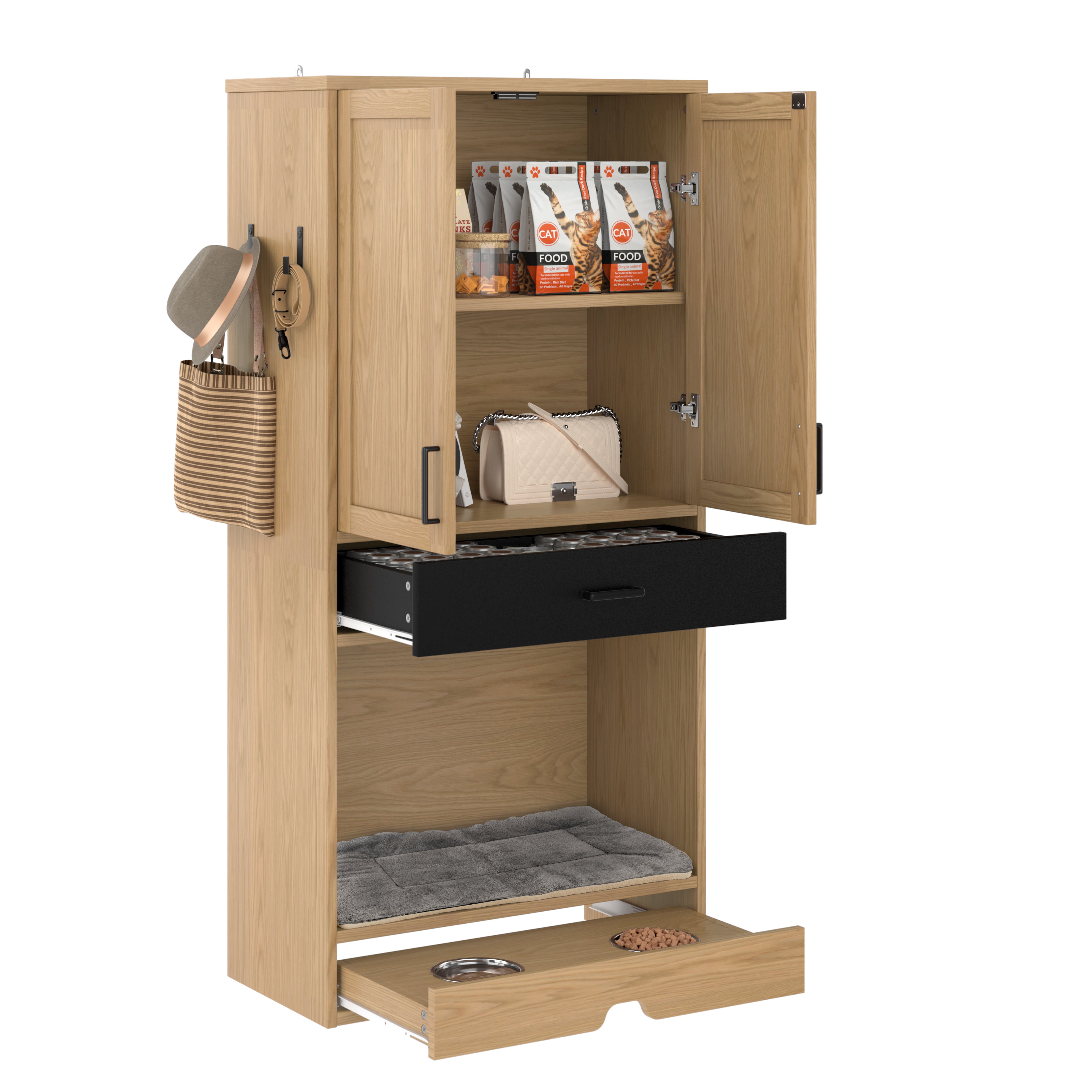 Pet Cabinet, Multifunctional with Feeding Station, Dog Bed, Storage, Hooks, Oak Look