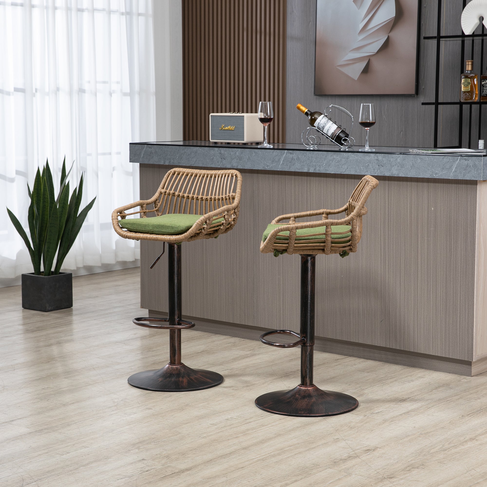 GOMYWAY 2 PCS Swivel Bar Stools, Height Adjustable Cushion, Linen Green