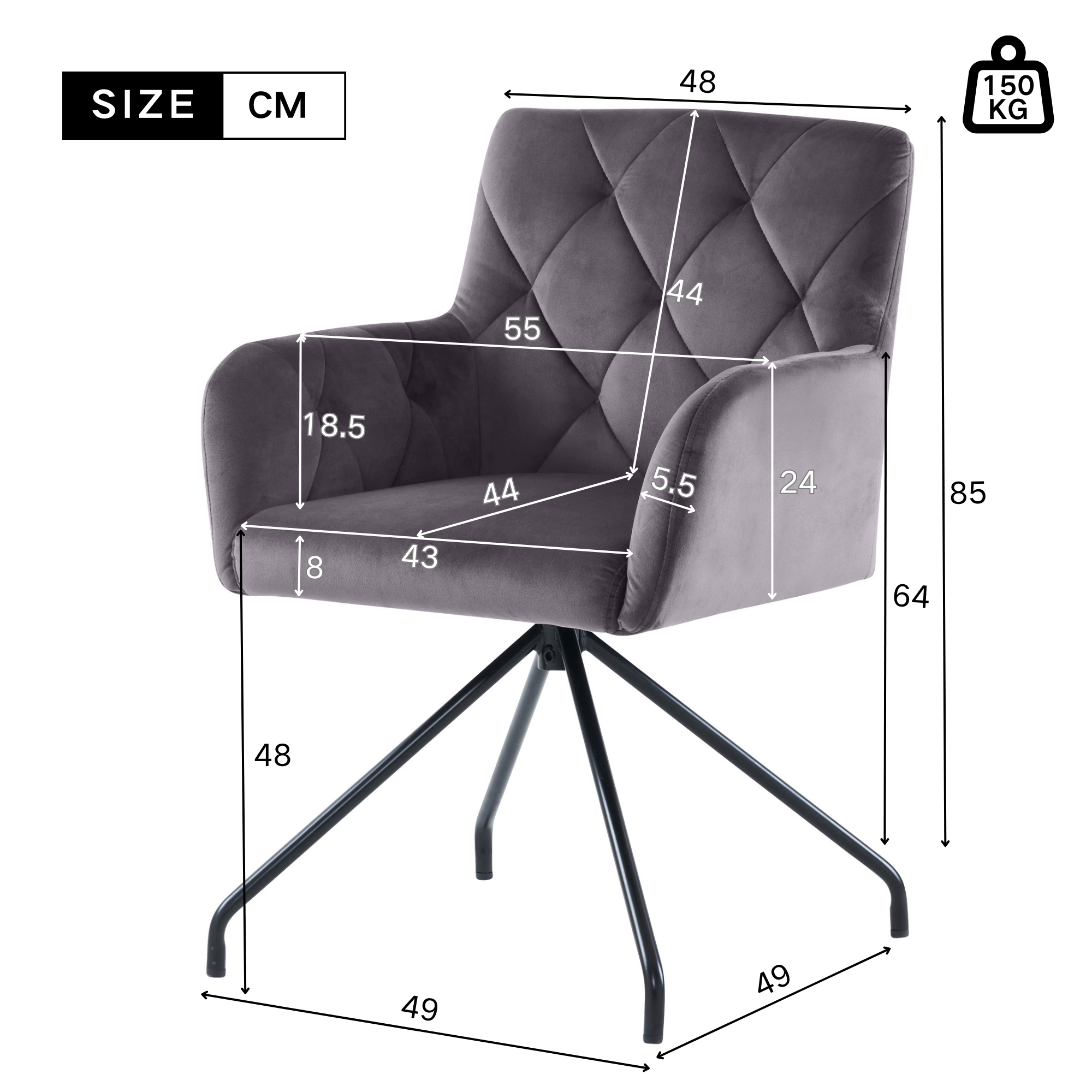 Dining Chairs Set of 4 with Diamond Pattern, Metal Legs and Lumbar Support, Grey Velvet