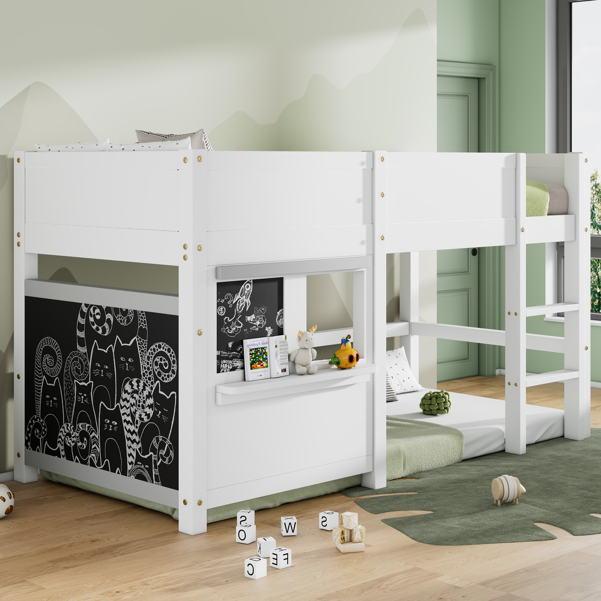 Household Bunk Bed with Two Boards & Small Shelf, 90x190cm, White