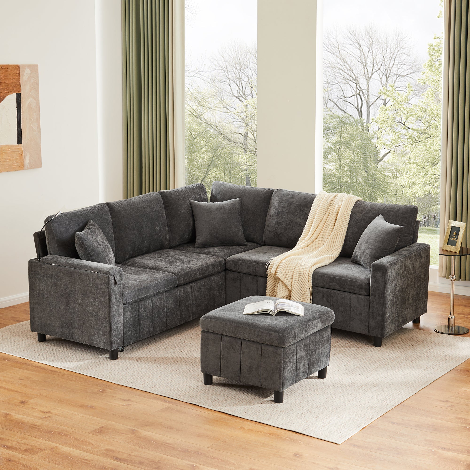 Chenille Corner Sofa Bed with Ottoman, USB Charging and Hidden Table, Grey