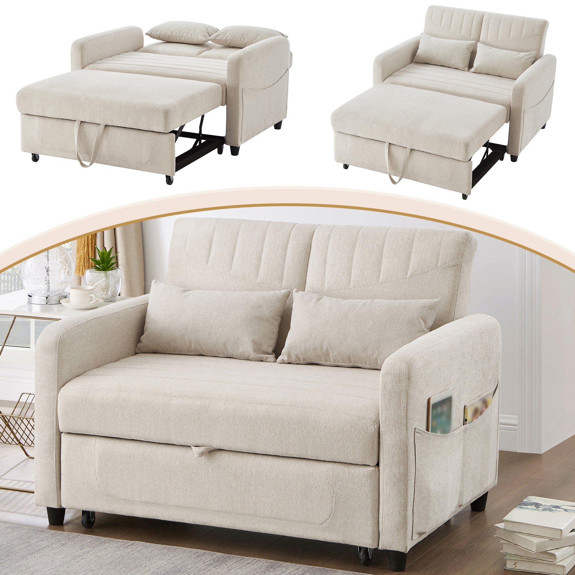 Sofa Bed, Two-seater Folding Extendable with Adjustable Backrest, Cotton Linen Fabric