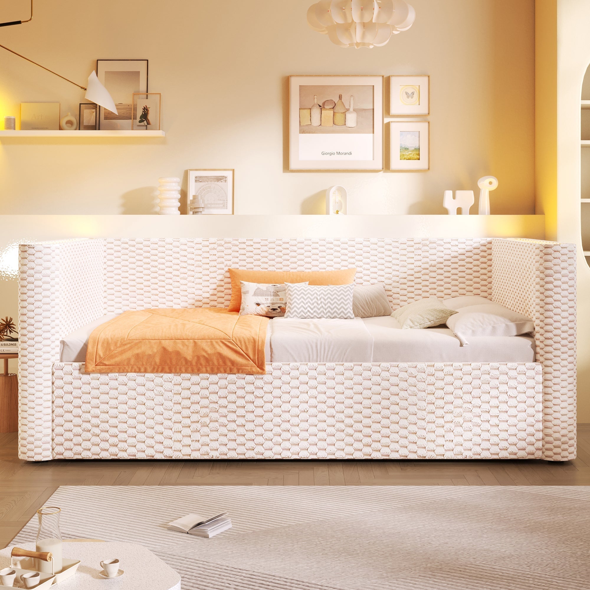 Daybed Sofa Bed 90x200cm Hydraulic Storage LED Lighting Velvet Beige