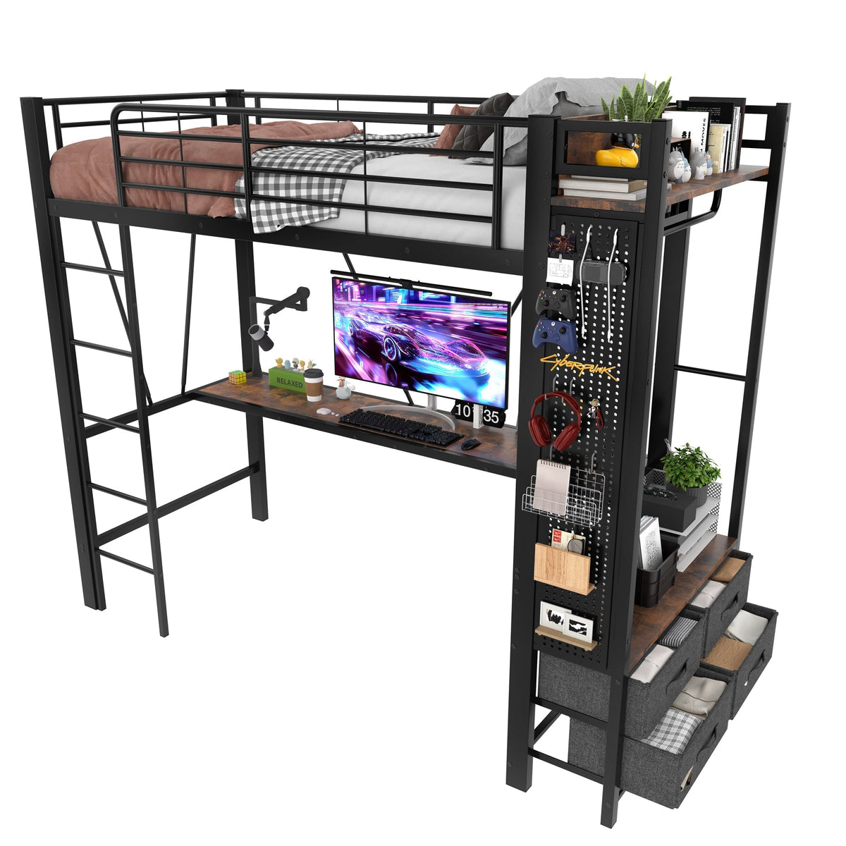 Loft Bed 90x200cm with Desk, Drying Rack, Storage, USB/Type-C & LED - Black Iron Frame