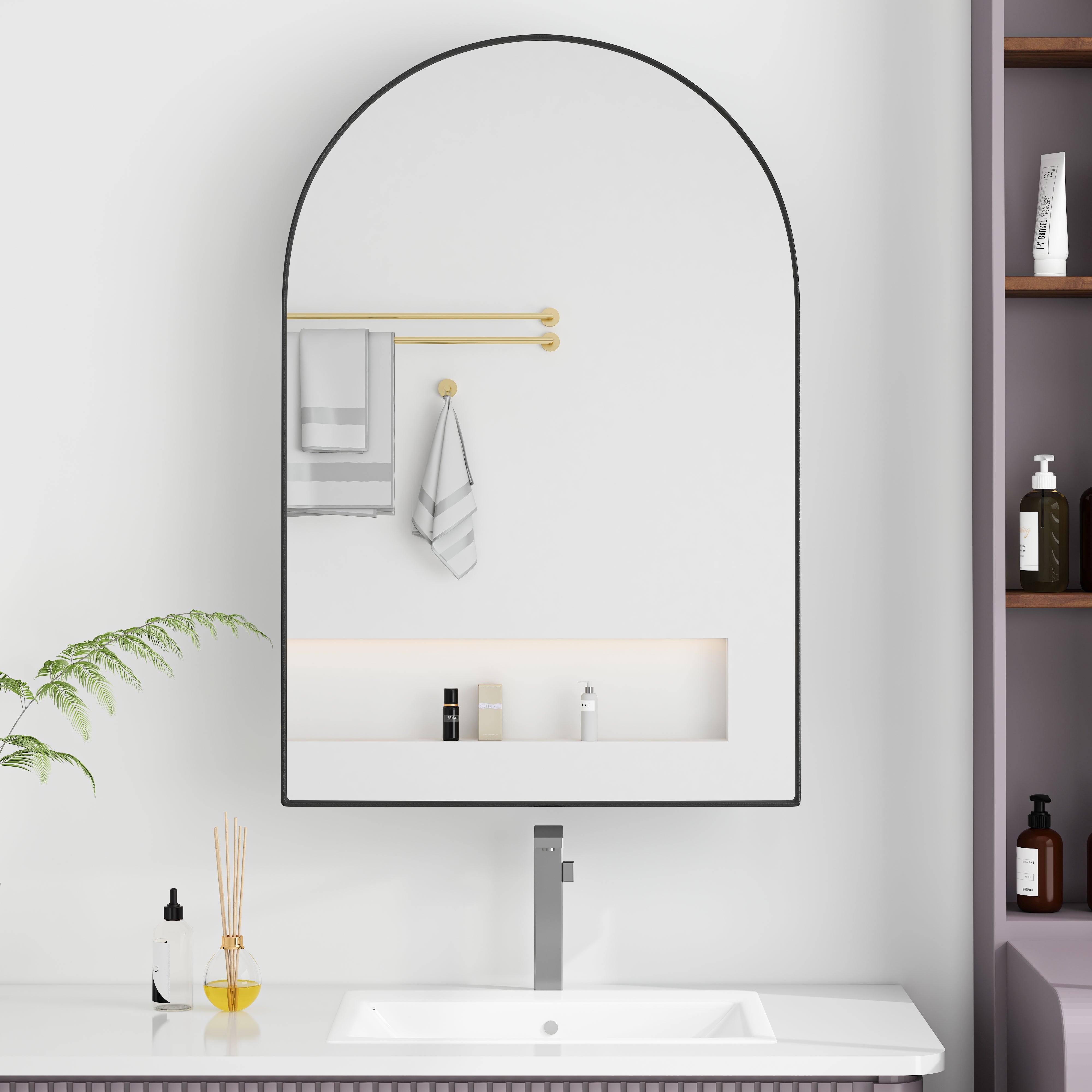 Arched Mirror Cabinet, Recessed Medicine Wall Storage, Black Metal Framed