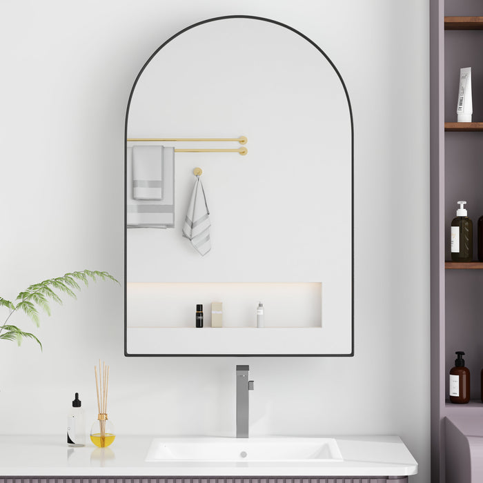 Arched Mirror Cabinet, Recessed Medicine Wall Storage, Black Metal Framed