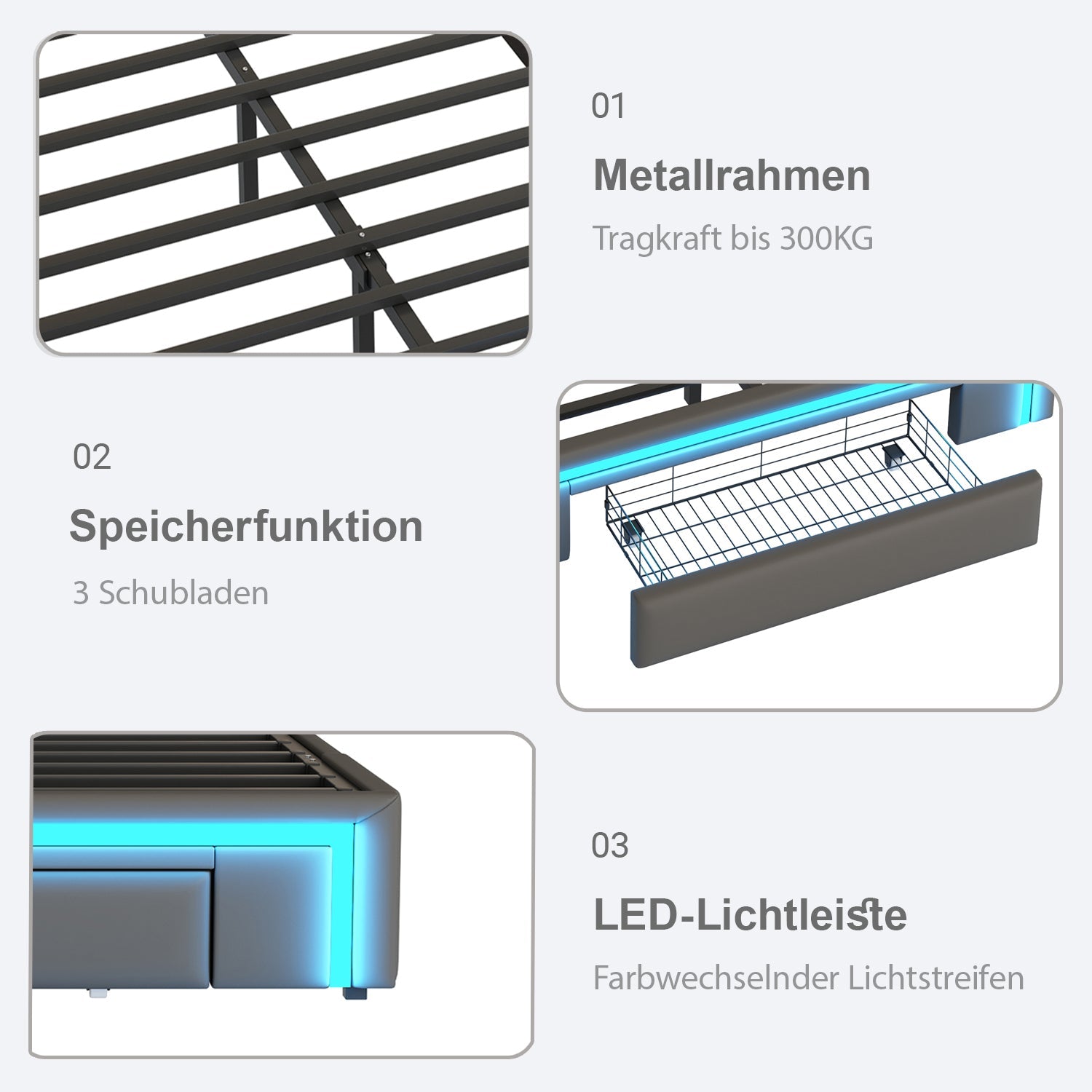 Bed Frame 140x200 with Drawers, LED Light Bar, Metal Slatted Platform, PU Leather, Gray