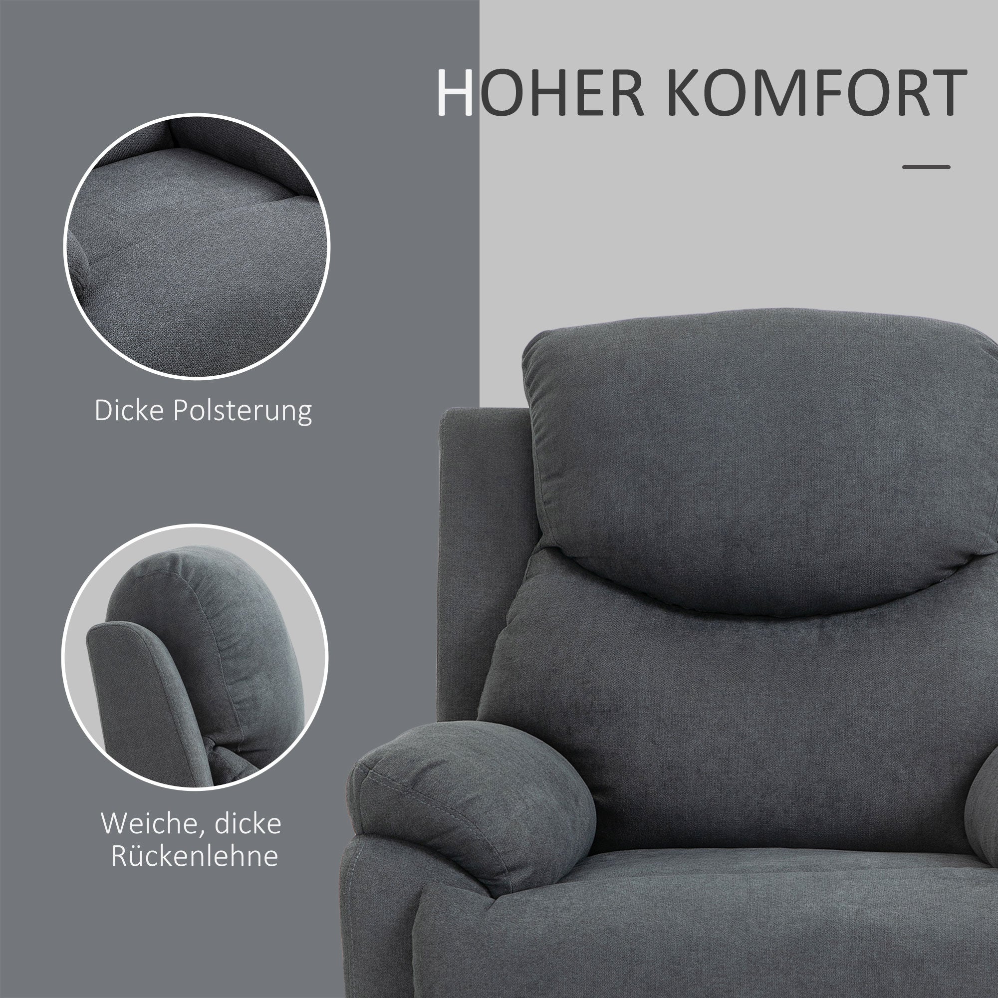 Reclining Armchair, 150° Tiltable for Living Room, Dark Grey Linen Look
