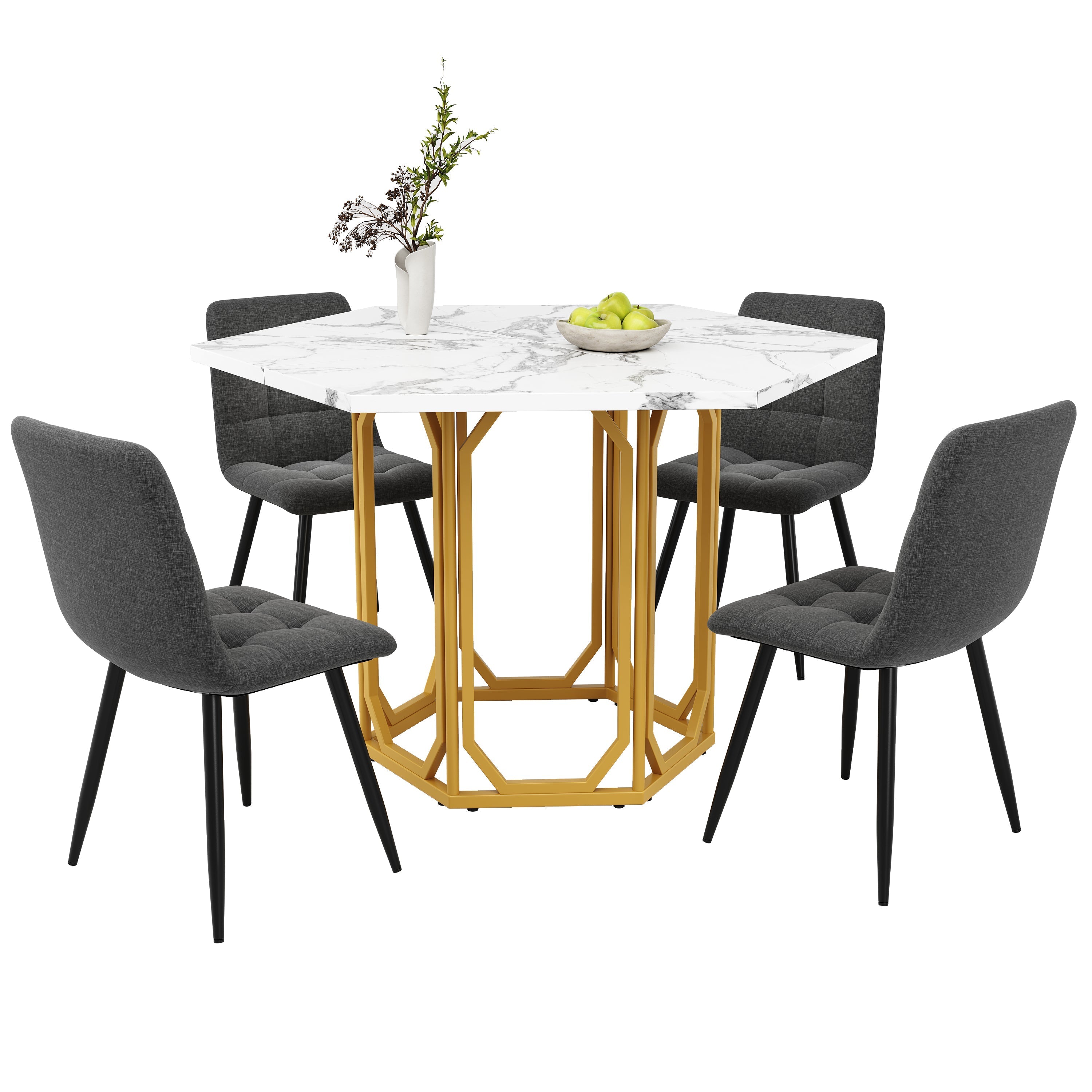 Dining Set 5-Piece Hexagonal Marble Top - Grey