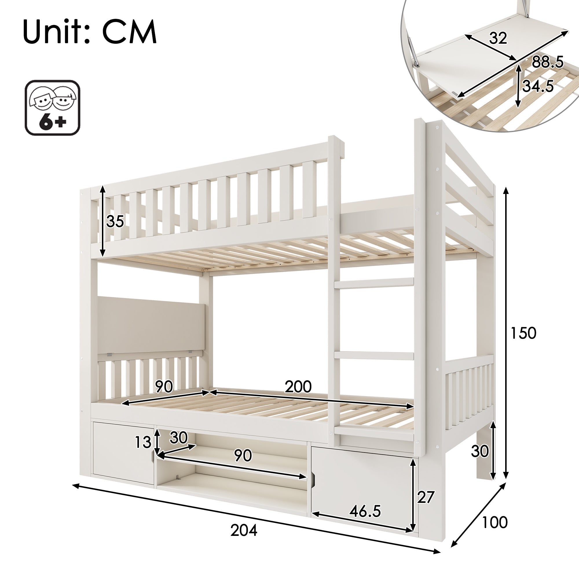 Children's Loft Bed 90x200cm with Fold-down Tabletop and Integrated Shoe Rack, White
