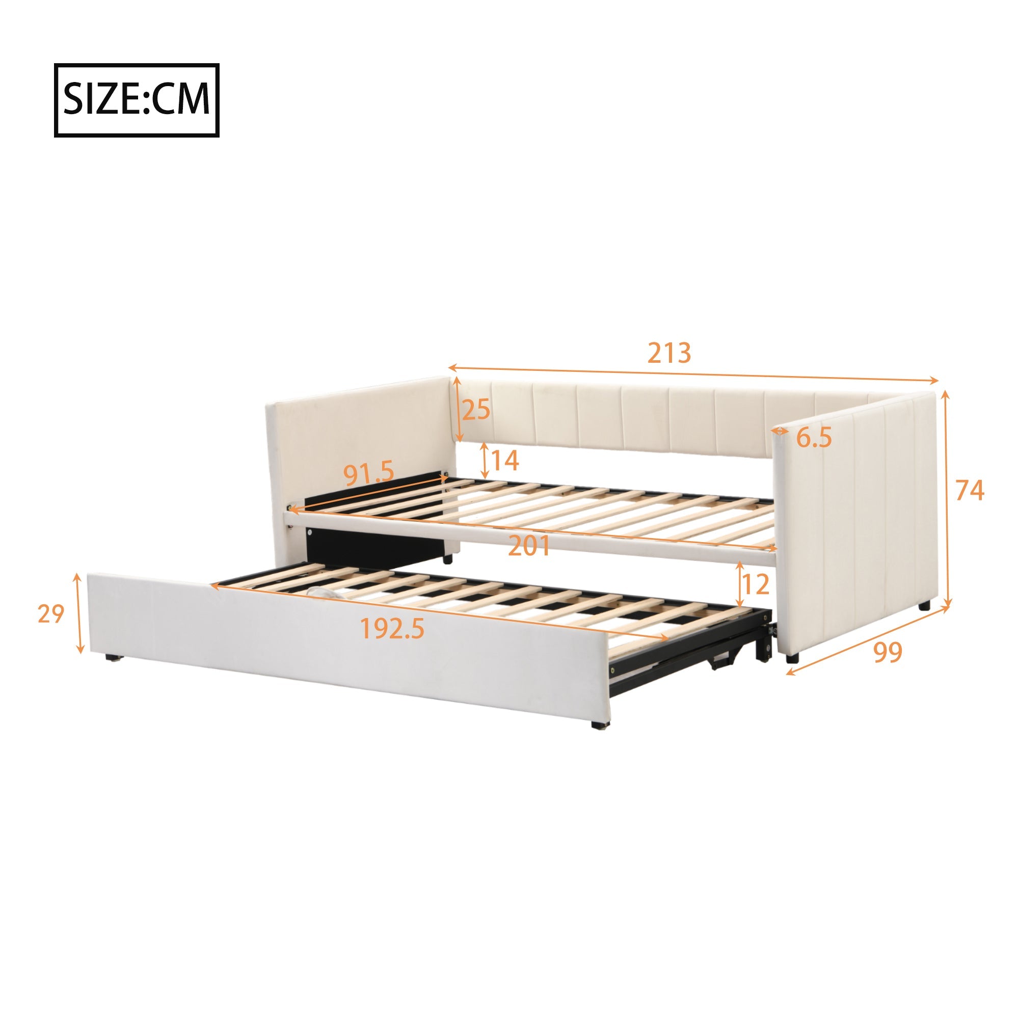 Upholstered Bed Extendable Sofa Bed 90/180x200cm Multifunctional Slatted Base Velvet Fabric Beige
