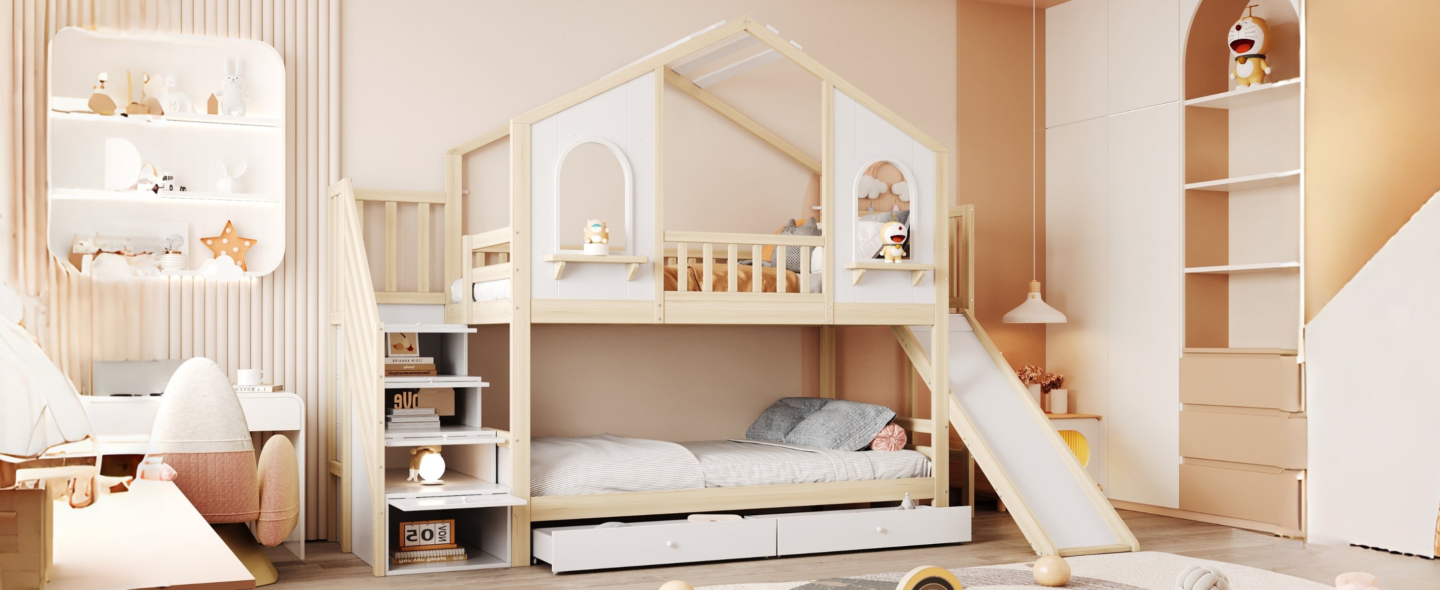 Children's Bunk Bed 90x200cm House Slide Storage Wood Color