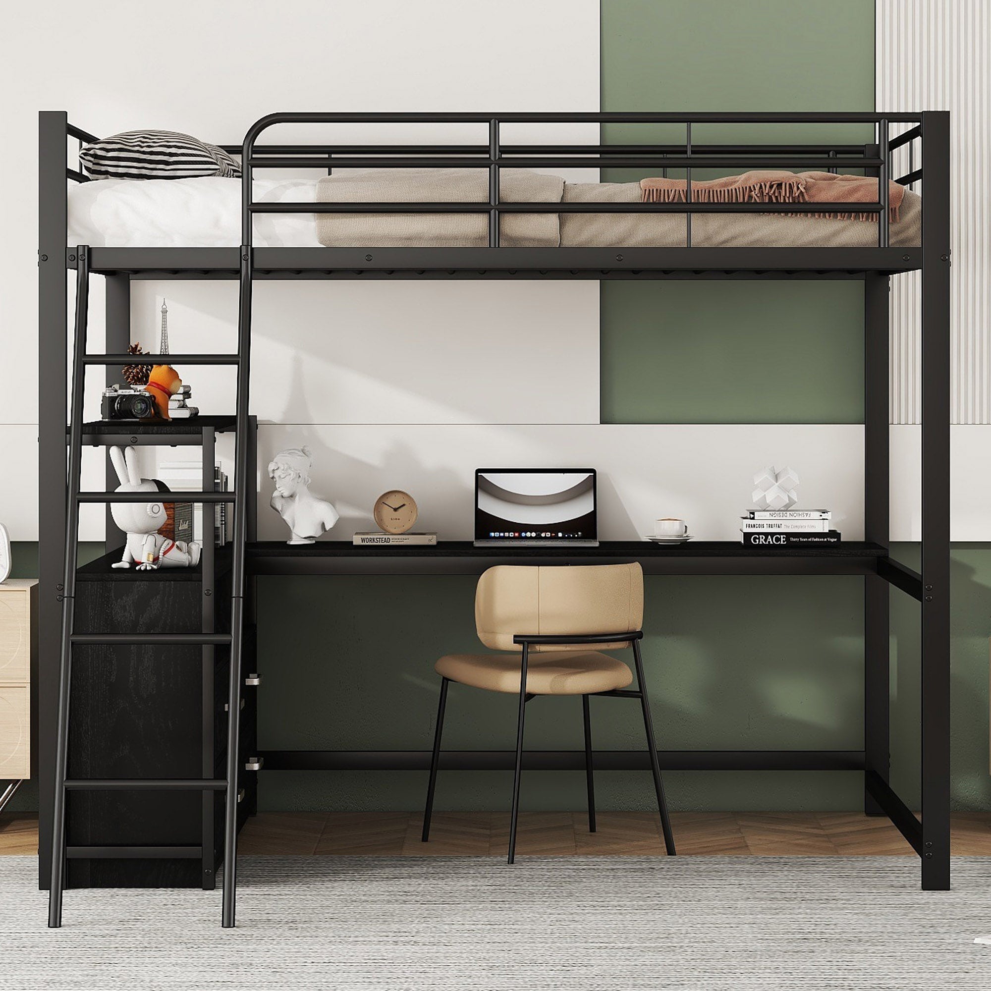 Loft Bed 140x200cm Iron Frame Drawers L-Shaped Desk - Black