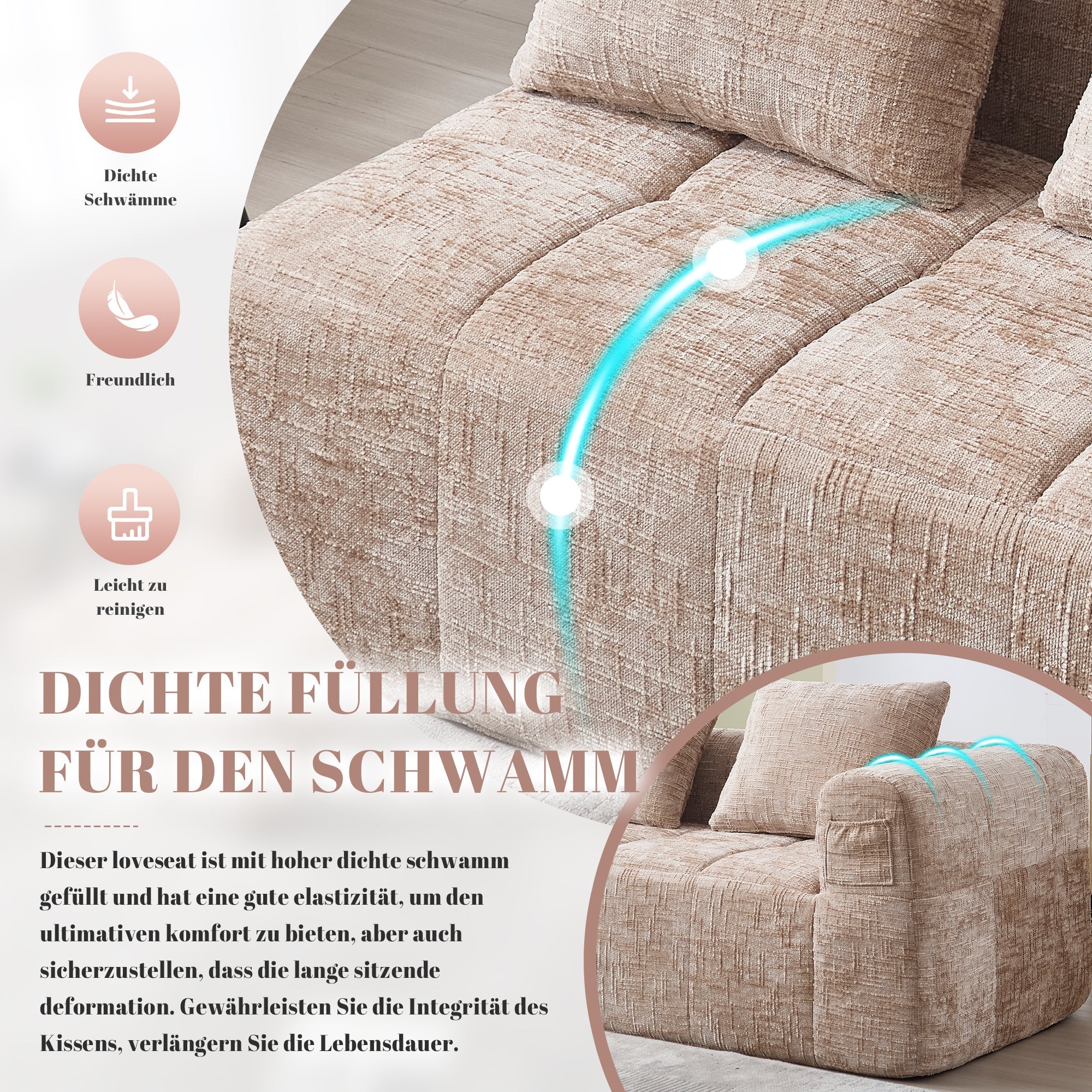 Sofa, 2-Person Plush No Assembly Side Pockets, Khaki