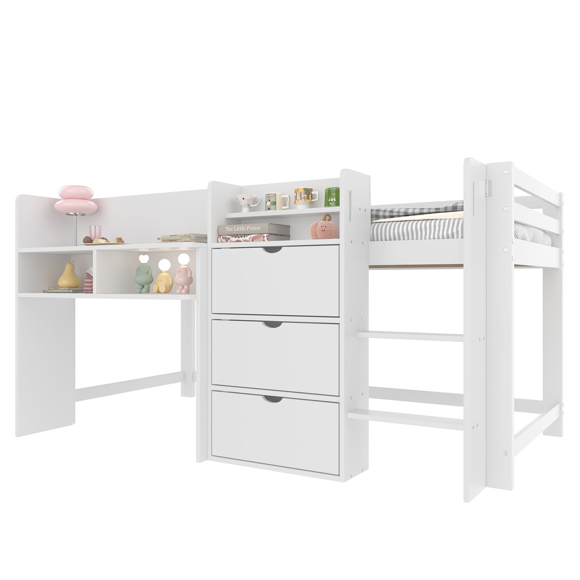 Mid-height Bed 90x200cm House Shape Storage Entertainment Area, White