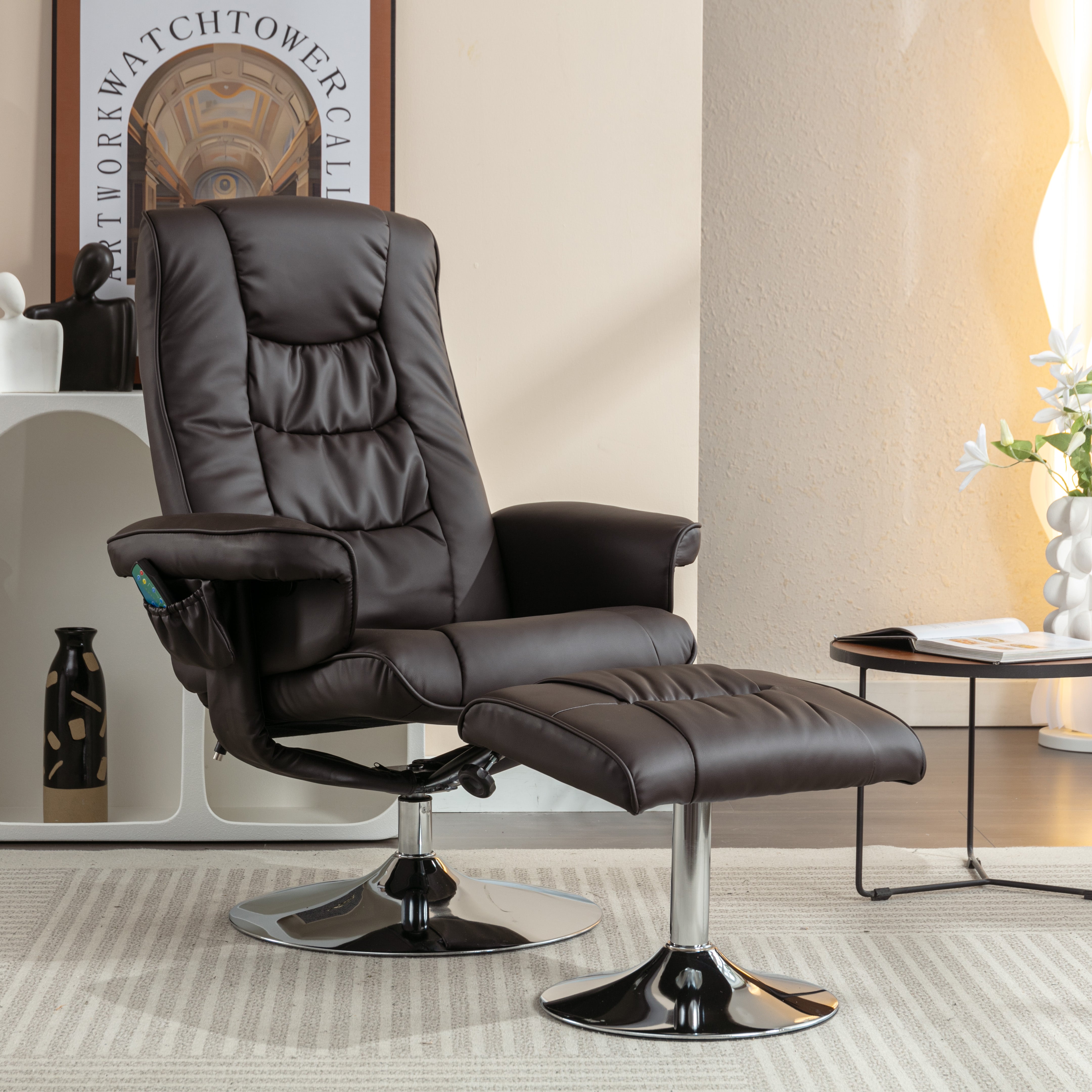 Massage Chair with 5-Point Massager, Ottoman, PU Upholstery, Brown