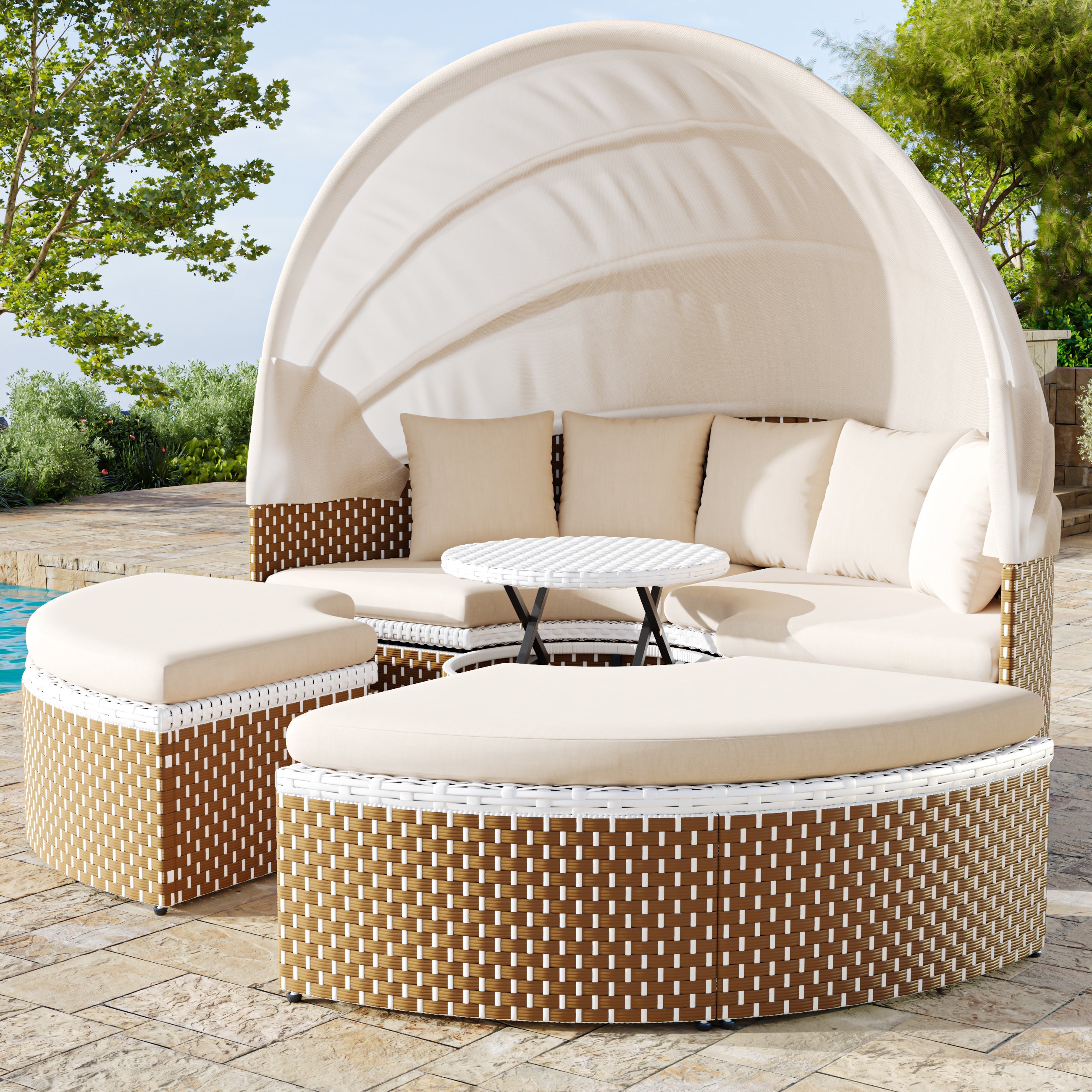 Sun Island Garden Lounge Set Rattan Extendable Canopy Liftable Table Beige