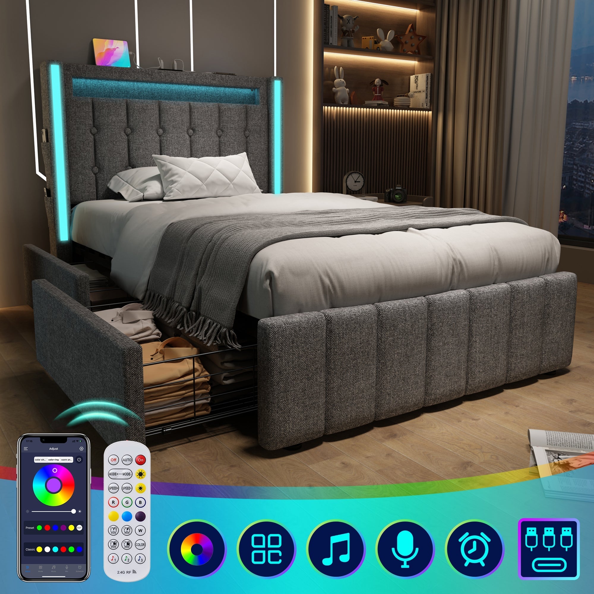 Upholstered Bed, USB-C, LED, 2 Drawers, Grey Fabric