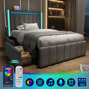 Upholstered Bed with USB & LED, 2 Drawers, Wooden Slatted Frame, Grey