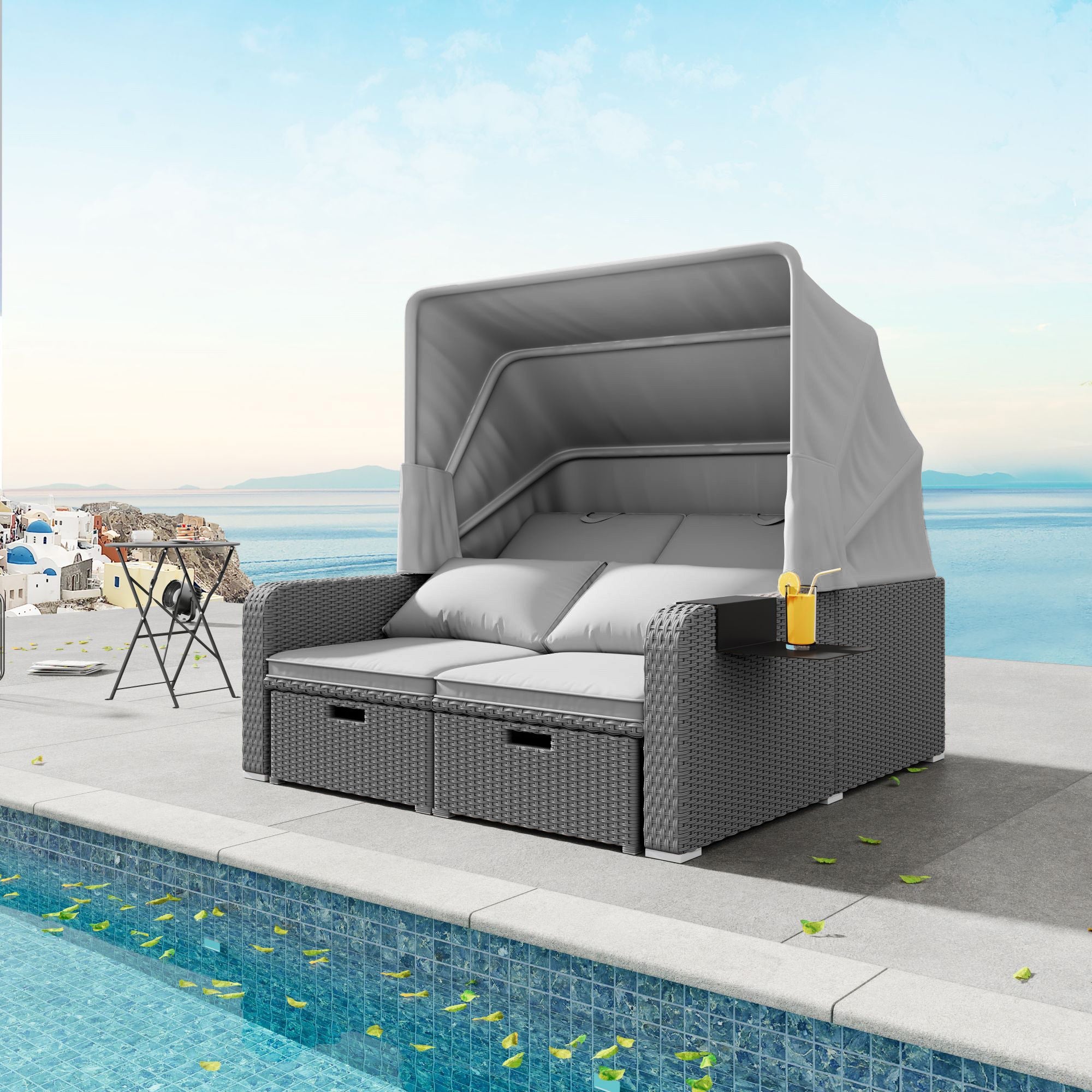 Polyrattan Garden Furniture Set for 2 People with Removable Awning, Grey