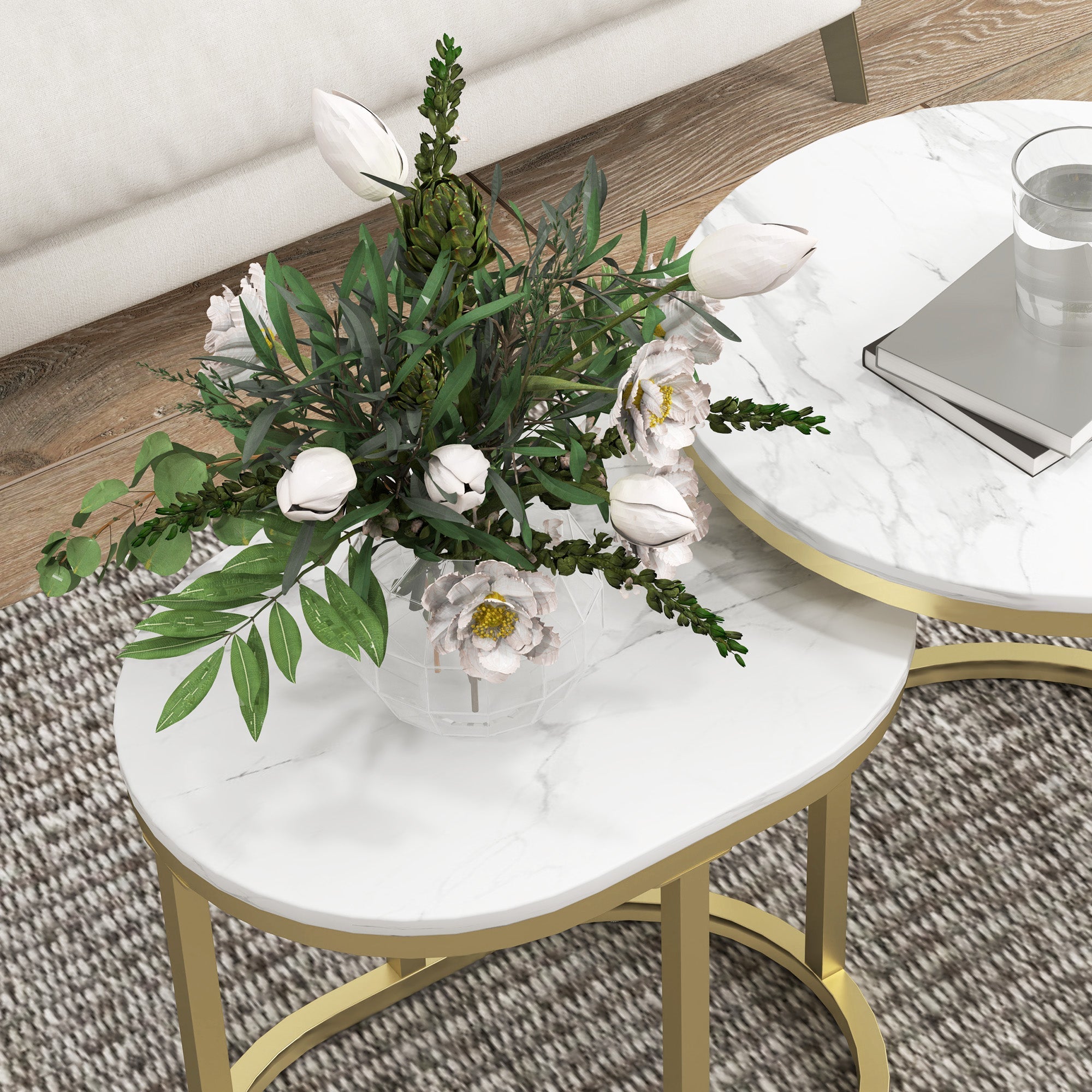 Round Coffee Table Set of 2 Stackable Side Tables, Steel Frame, White