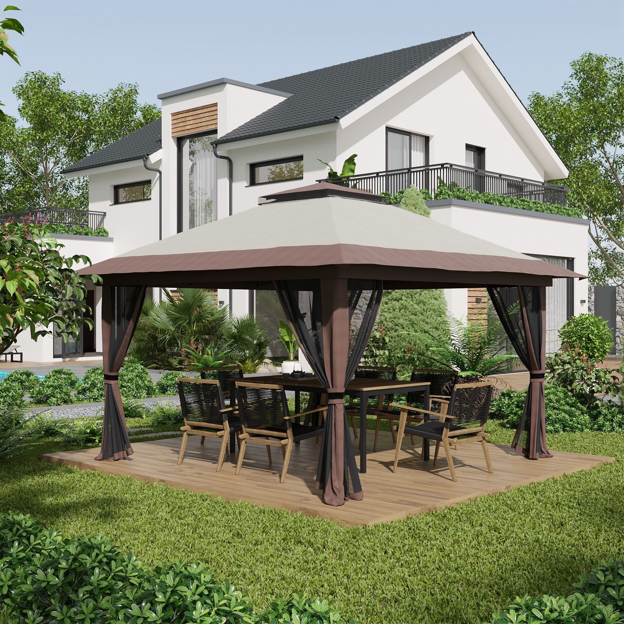 Folding Gazebo 4x4m Height Adjustable UV Protection Net Curtains Double Roof, Beige