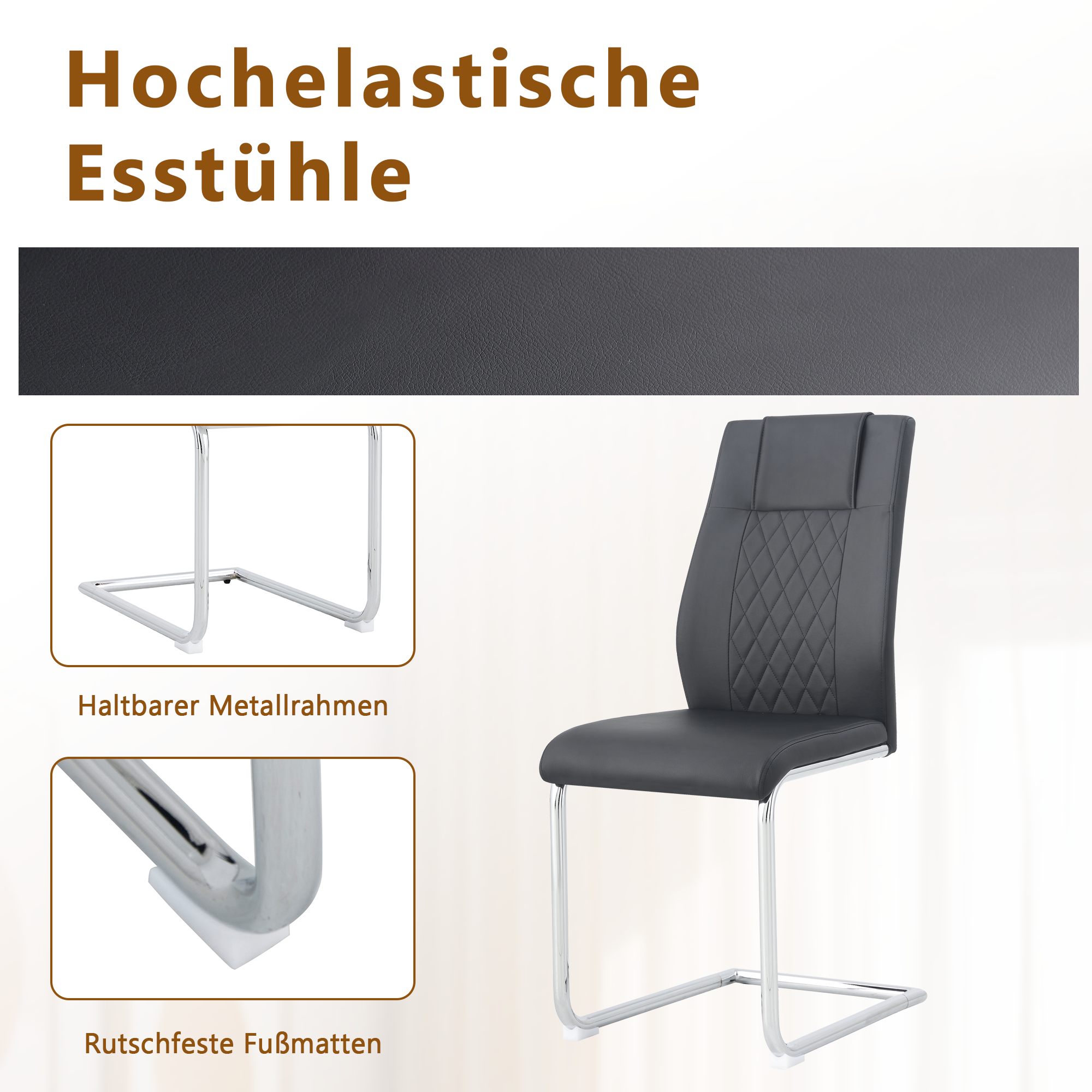 Dining Table Set 85cm Tempered Glass Table 4 Chairs - Black PU Silver Legs
