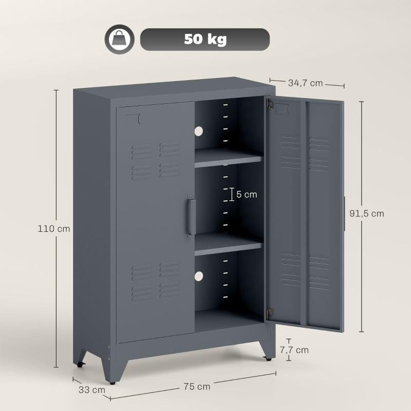 Filing Cabinet with Louvre Doors, Metal with 2 Adjustable Shelves, Grey