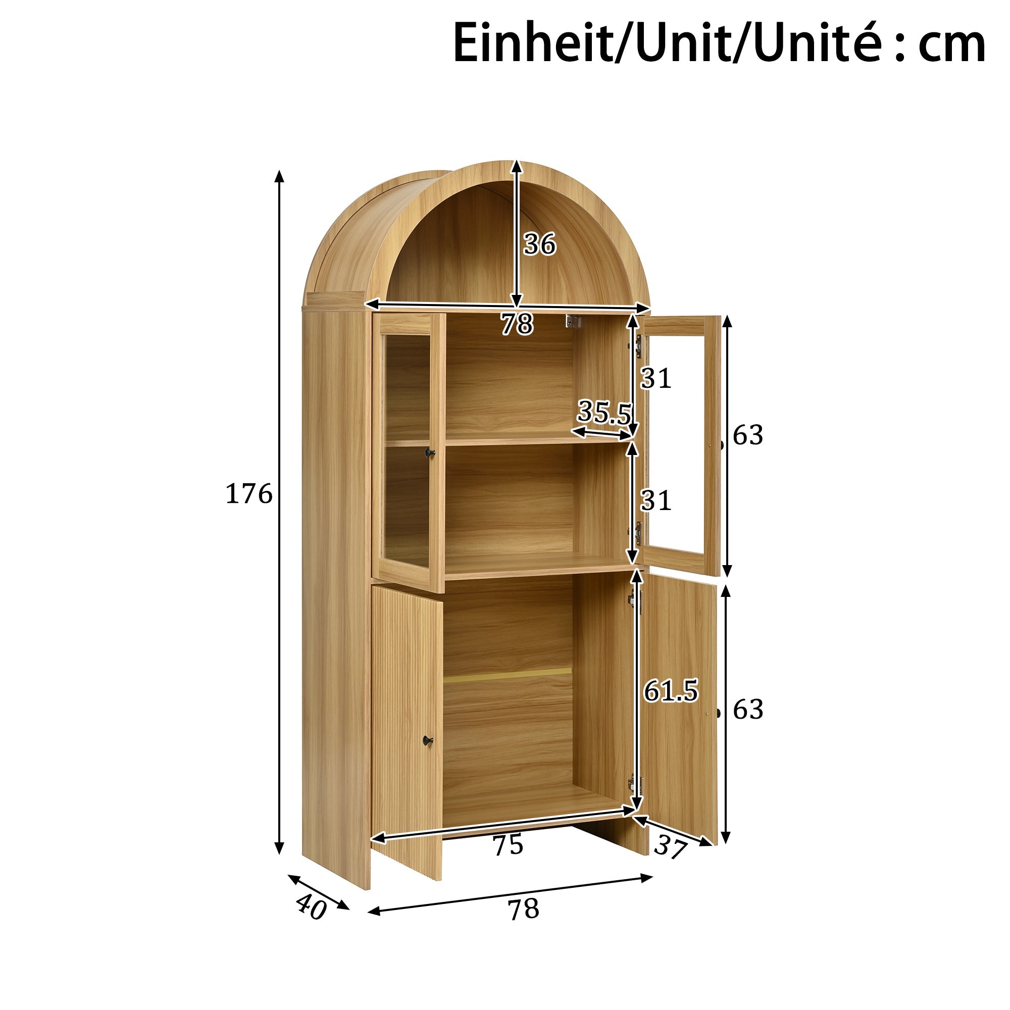 Sideboard with Arched Top, Glass Doors and Wave Pattern Storage Cabinet, Wood