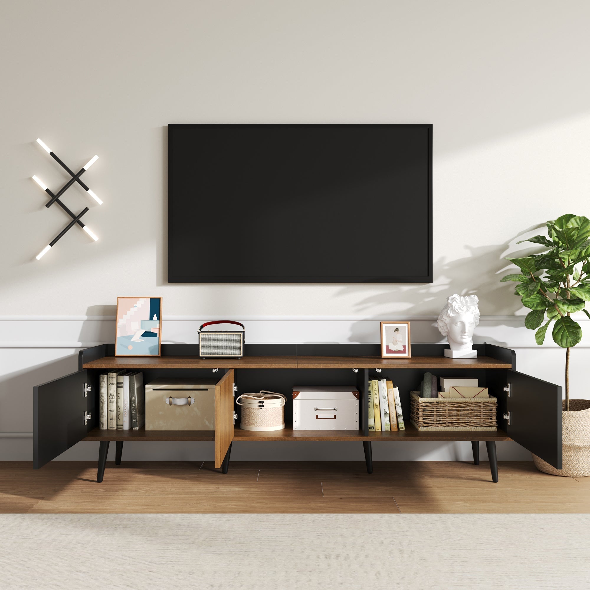 TV Cabinet Three-Door Base Cabinet, Compact Design, Black and Natural Wood