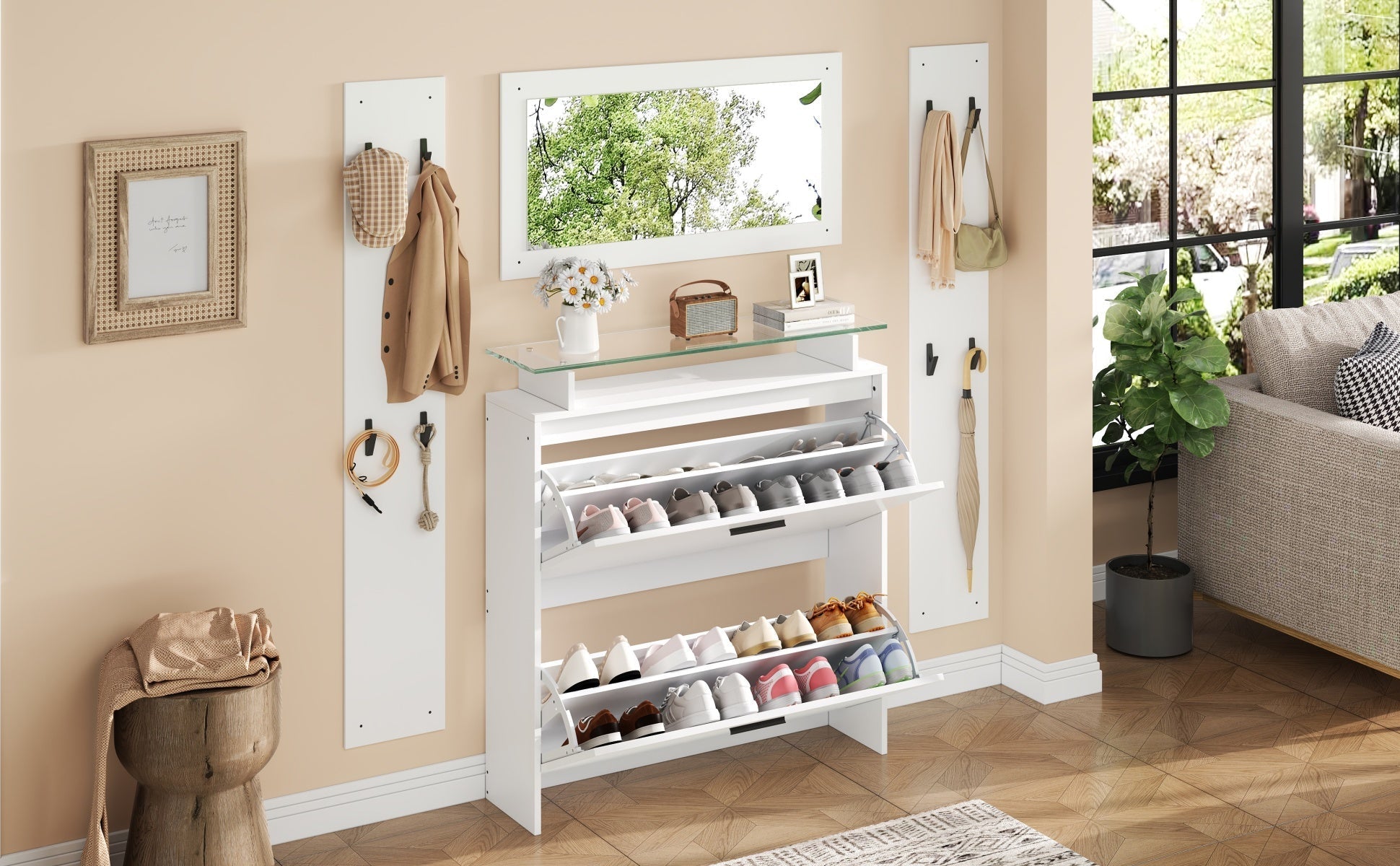 Wardrobe Set 4-Piece with Mirror Shoe Cabinet 8 Hooks, High-Gloss White