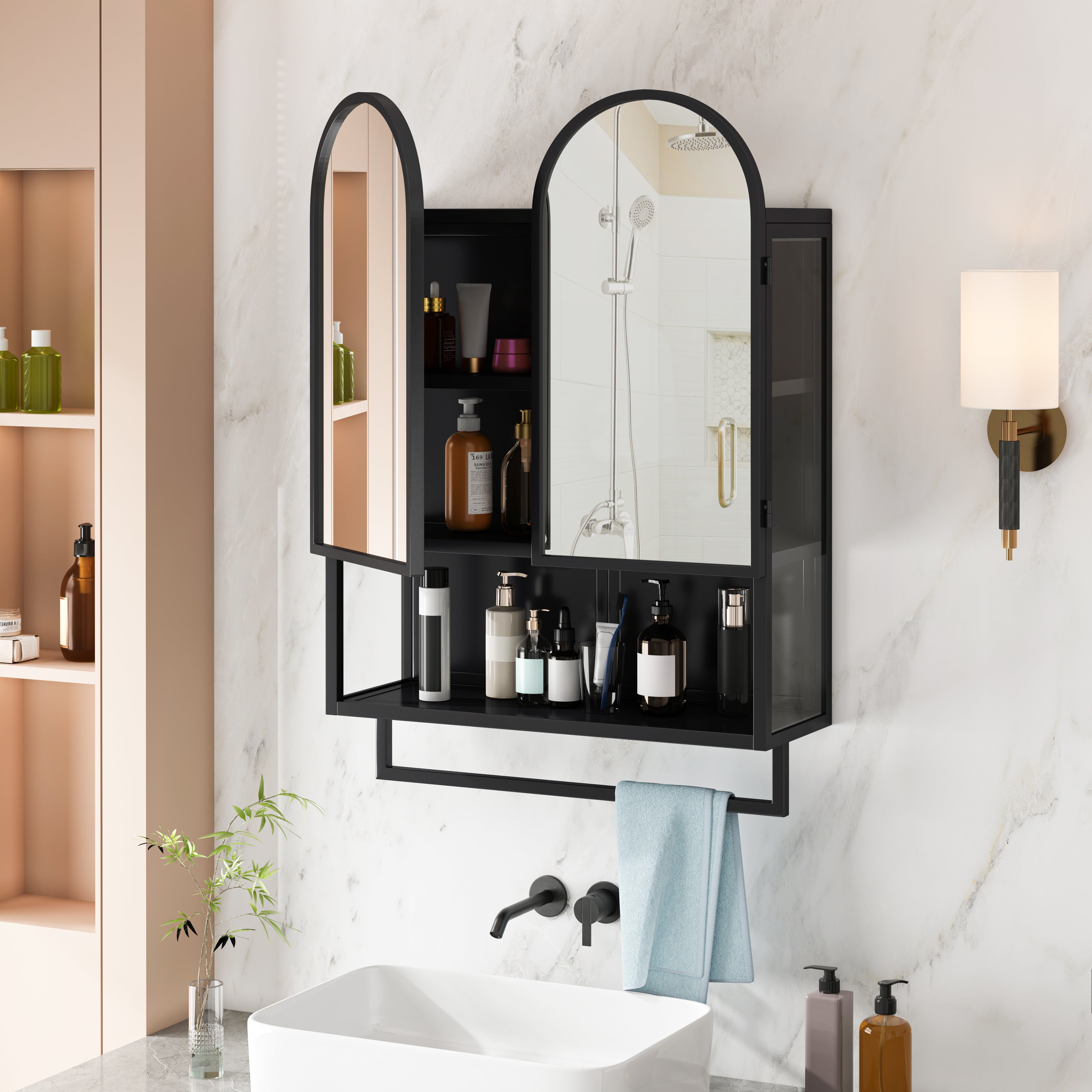 Mirror Cabinet 60CM Double-Arched 2 Doors Open Shelf Metal Black