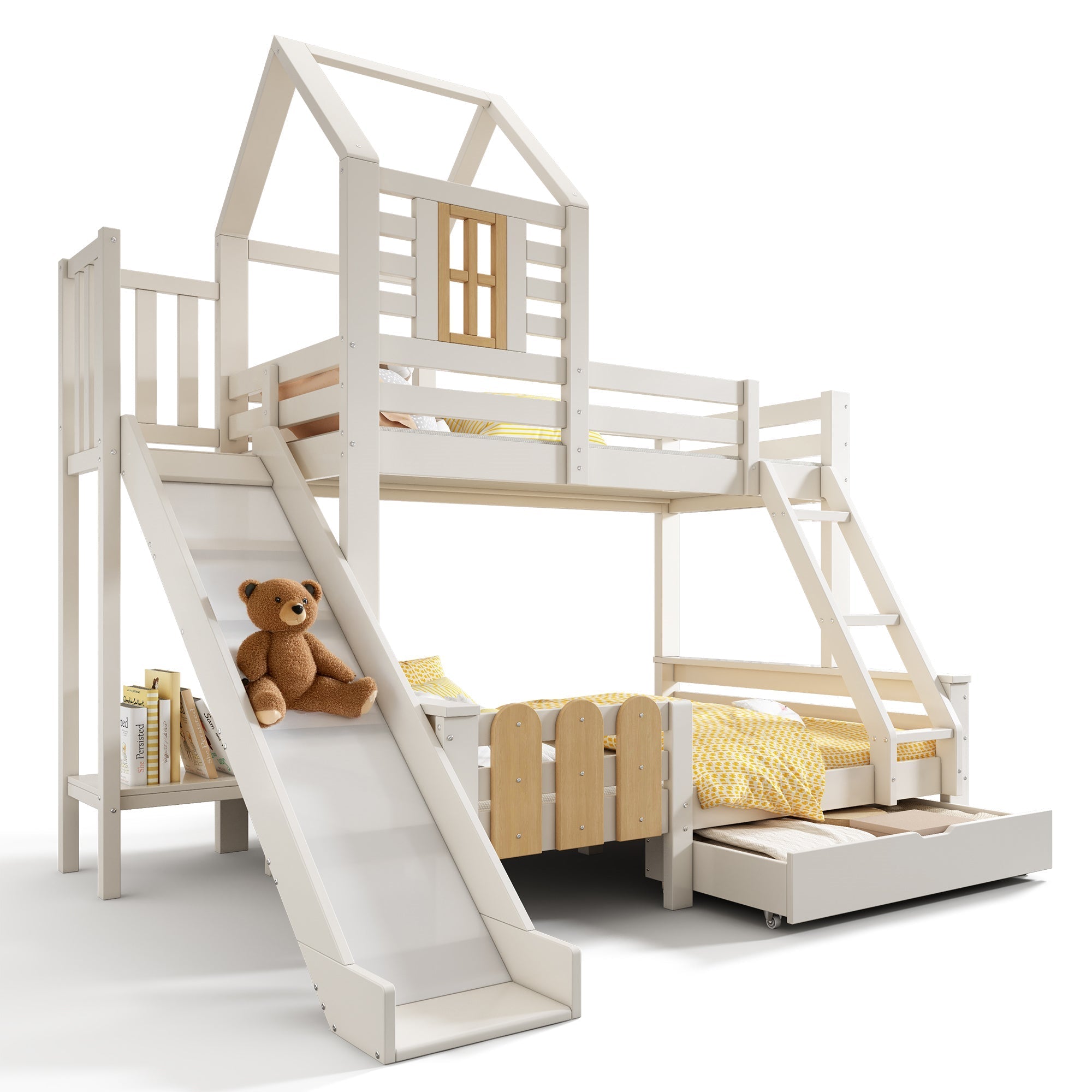 Bunk Beds for Kids, Cabin Tree-house Bed with Ladder and Slide, Twin Sleeper (90+135) x 190 cm, Solid Wood, White