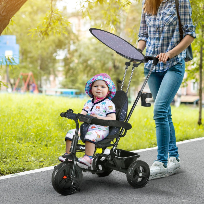 Children's tricycle 6-in-1 with push bar, canopy, belt, storage basket, dark blue
