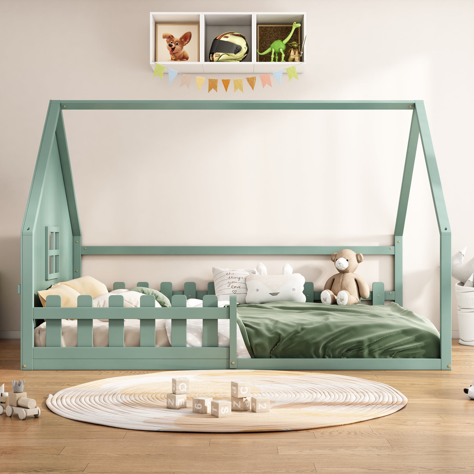 Flatbed 140x200cm House Rail Railing Pine Wood - Green