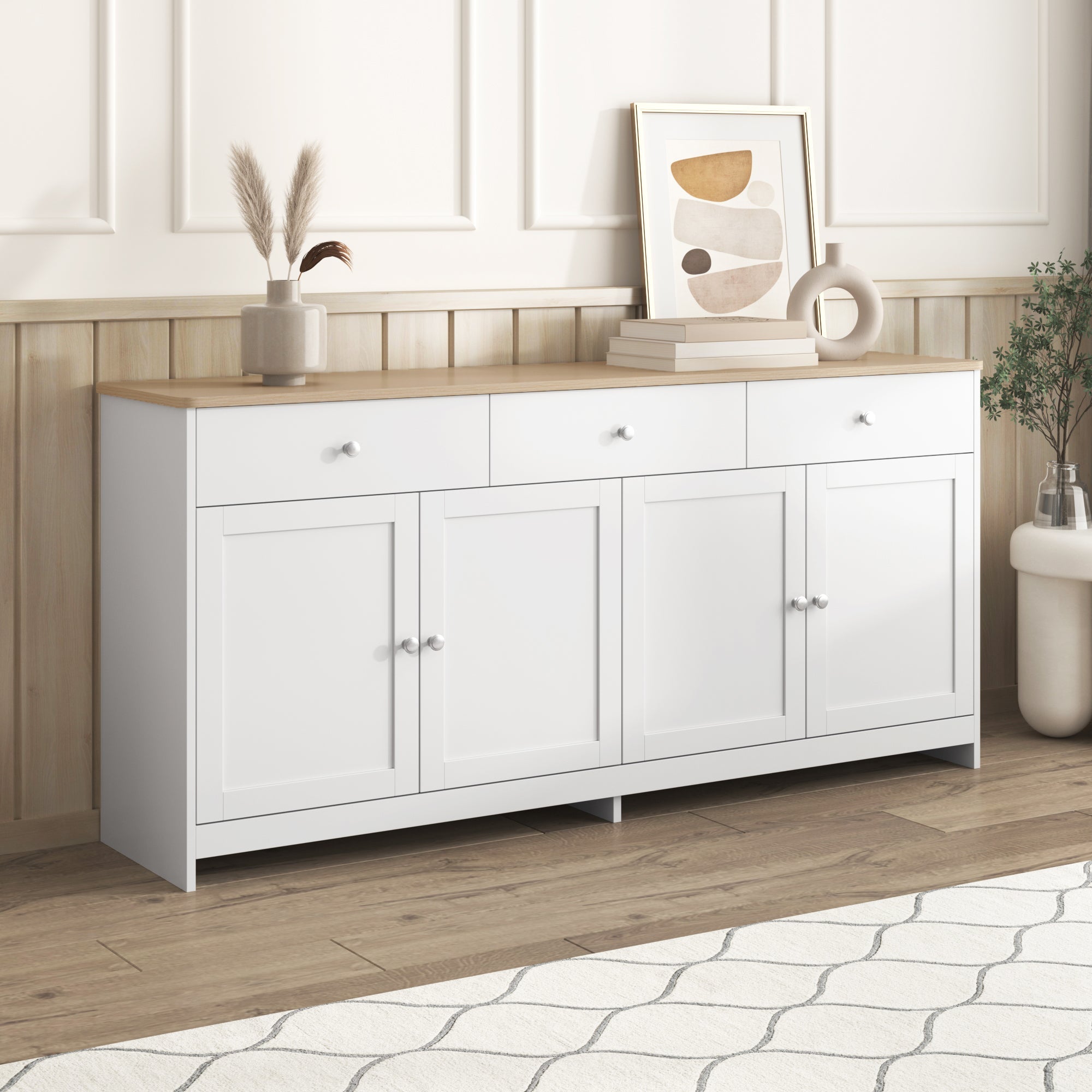 Sideboard Buffet Cabinet with 4 Doors and 3 Drawers, White Wood Grain and Natural Wood Color