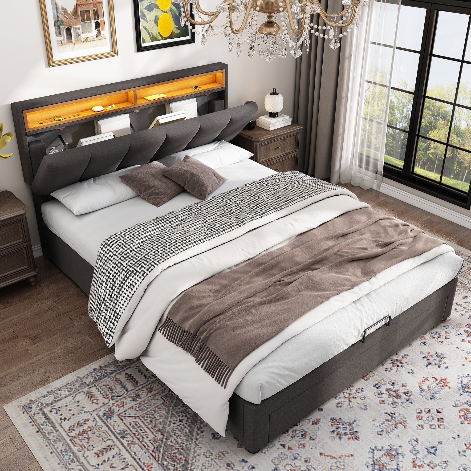 Upholstered Bed 140x190cm LED Hydraulic Storage Drawers - Grey Linen