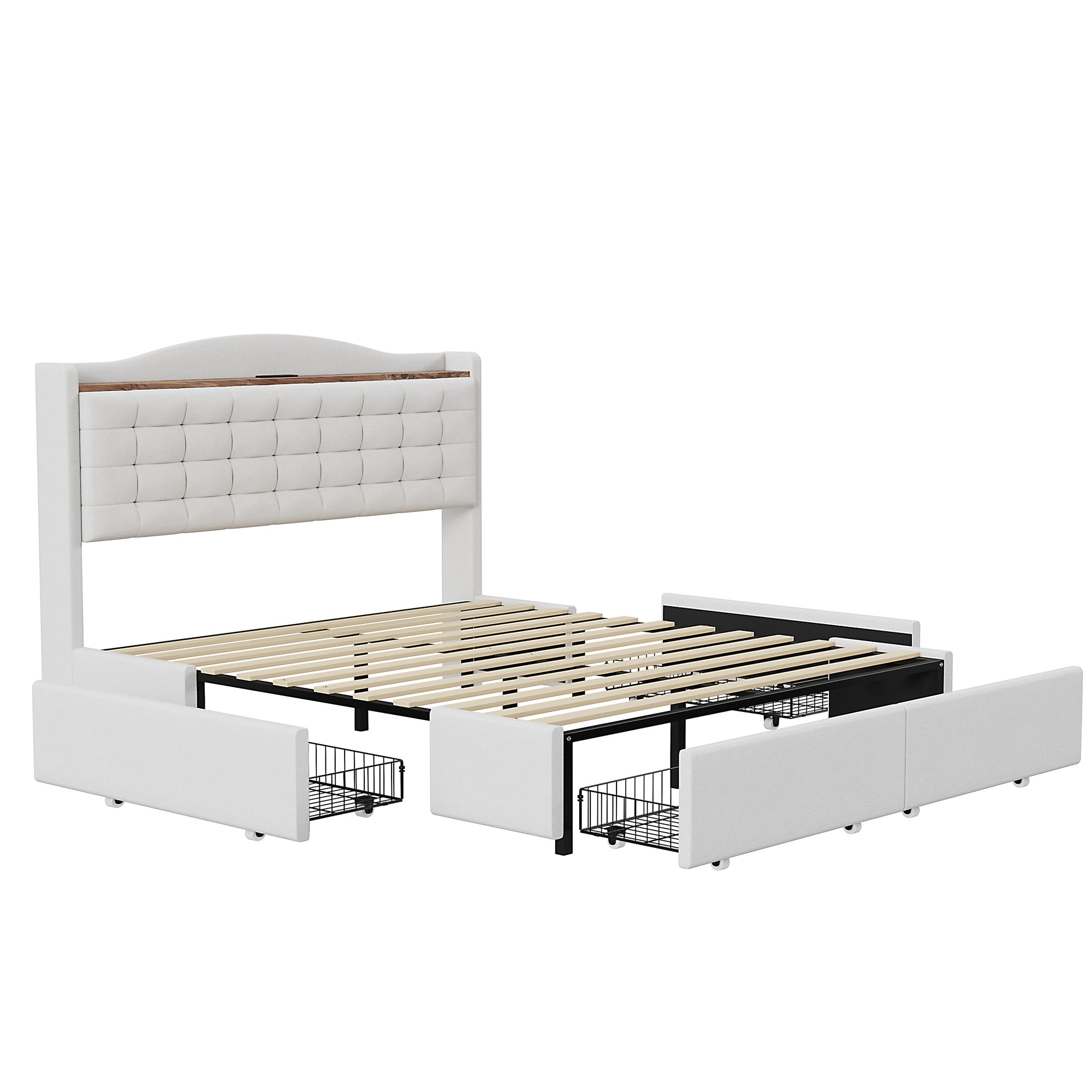 Upholstered Bed 140x200cm, USB Charging & Storage, 4-Drawer, Linen Fabric Beige
