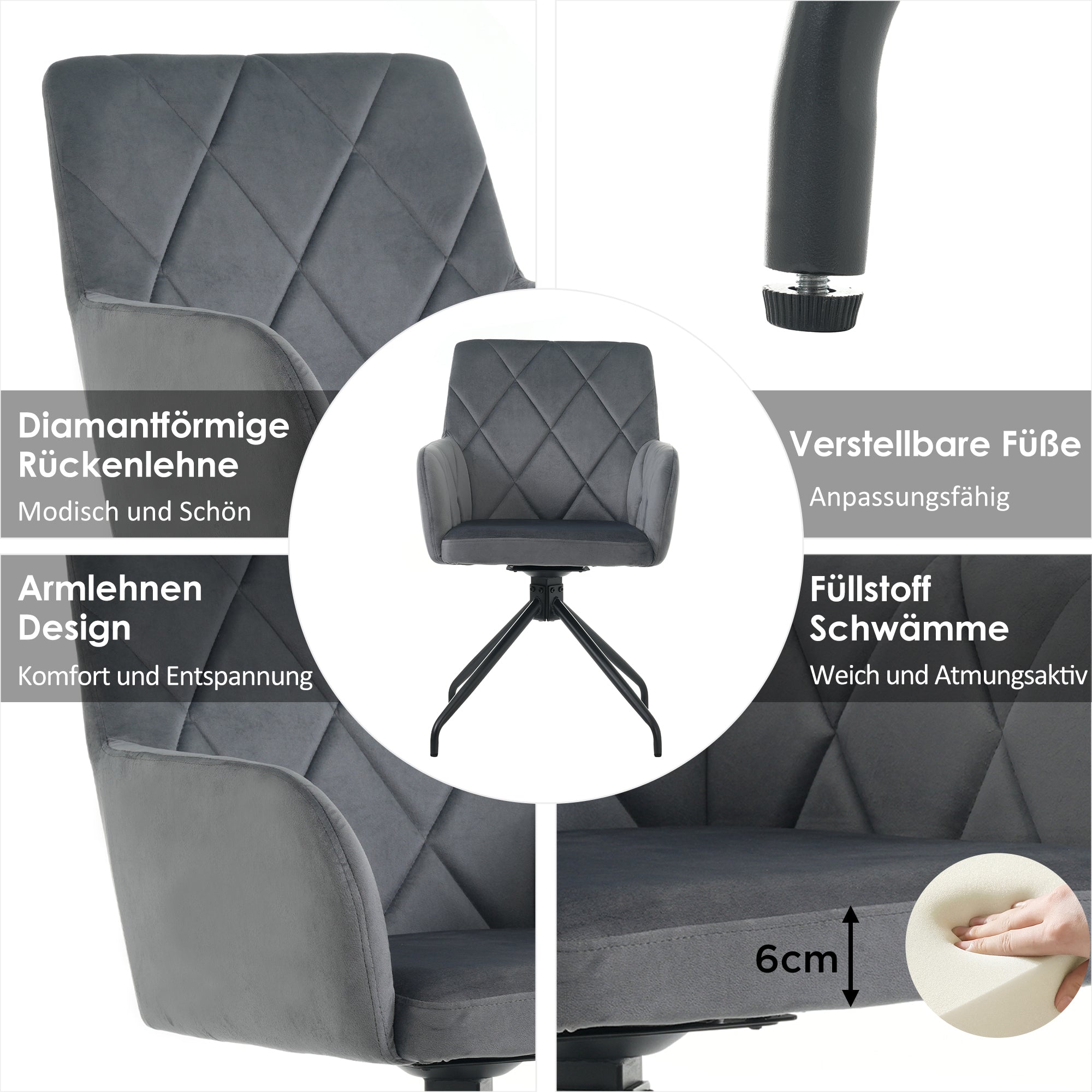 Set of 2 Swivel Dining Chairs Upholstered Diamond Pattern Lumbar Support Anthracite Velvet