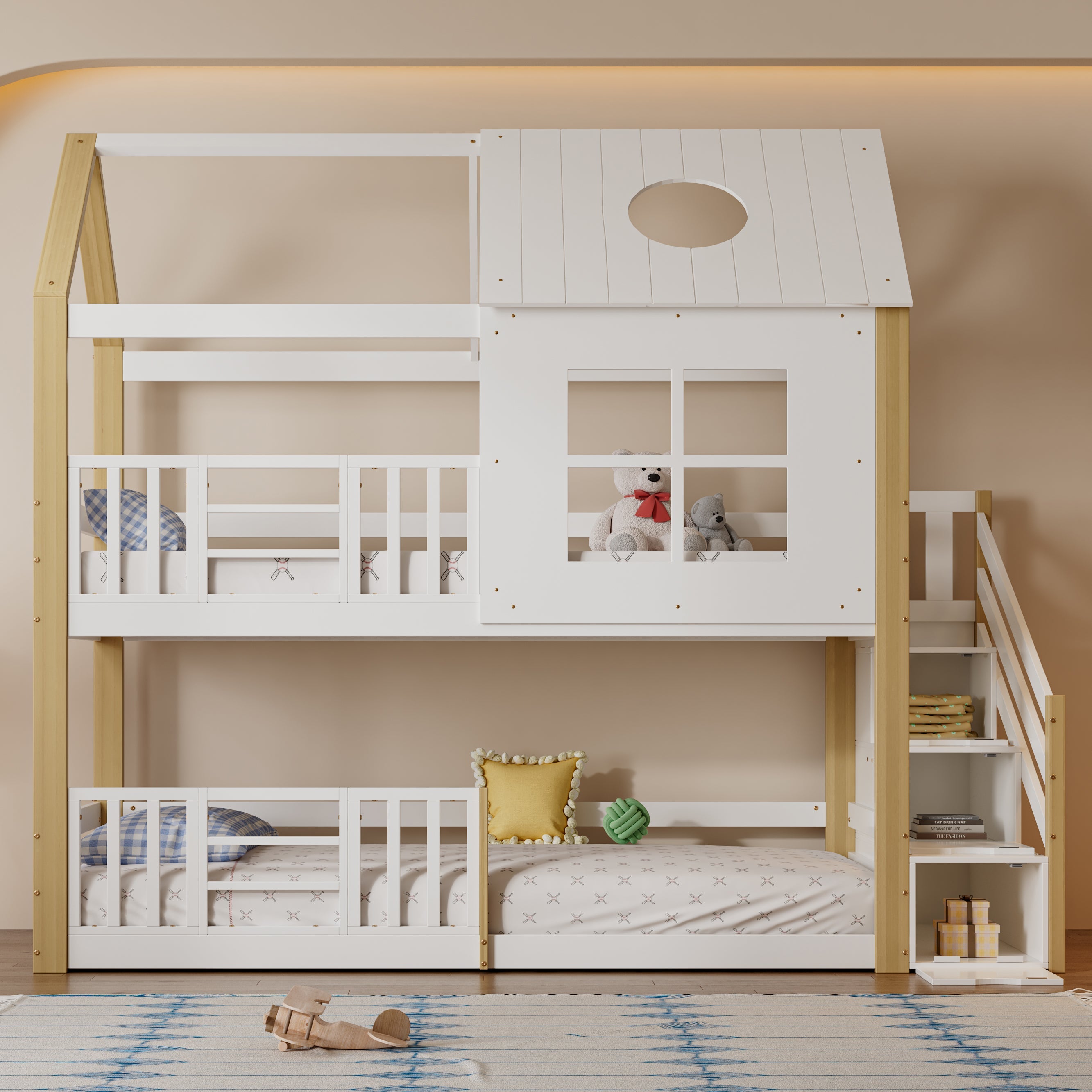 Bunk Bed House Bed with Storage Stairs, Safety Rail, Window, 90x200cm - Pine+MDF, White+Natural